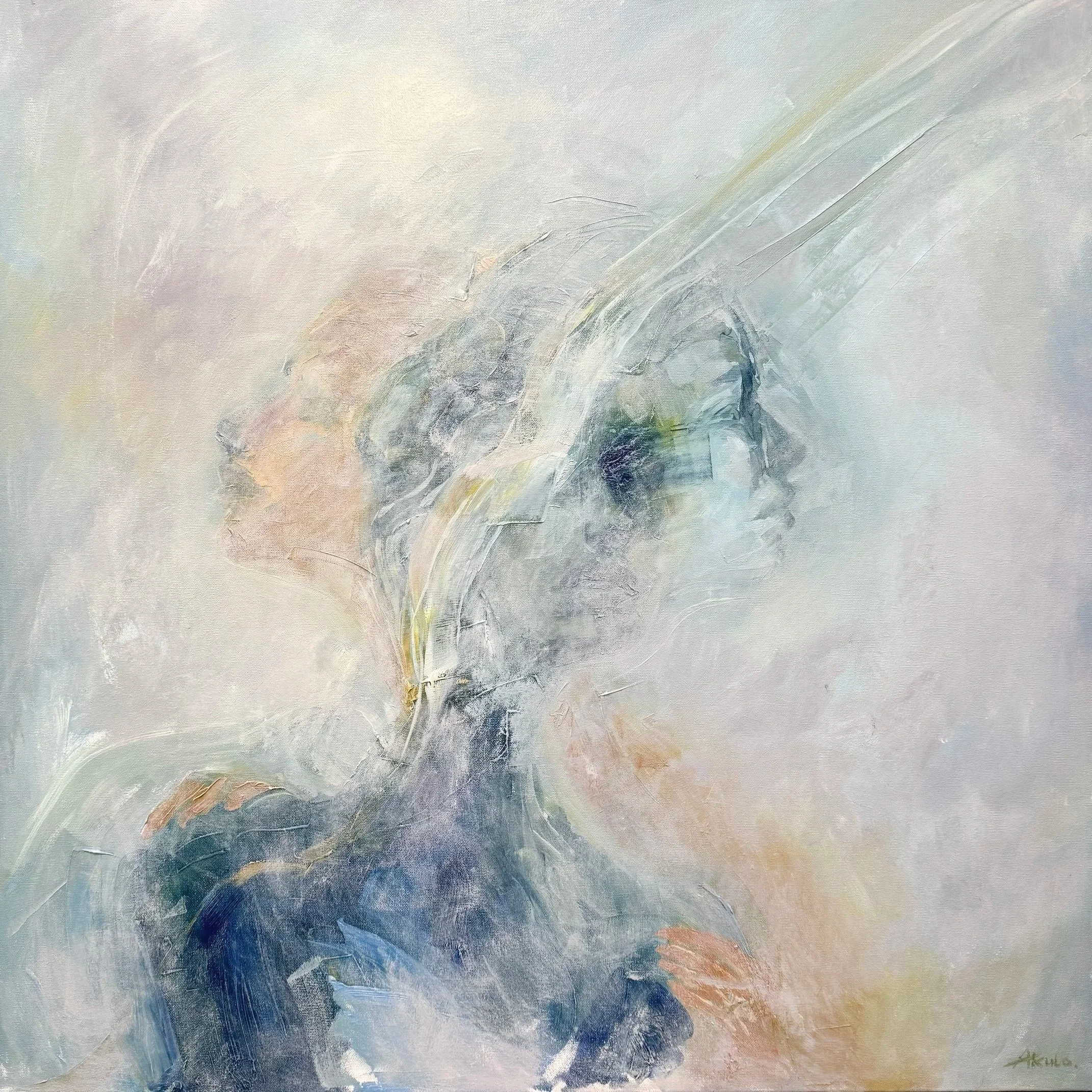 Abstract pastel painting of a hazy blue-gray mountain landscape with sweeping textured brushstrokes
