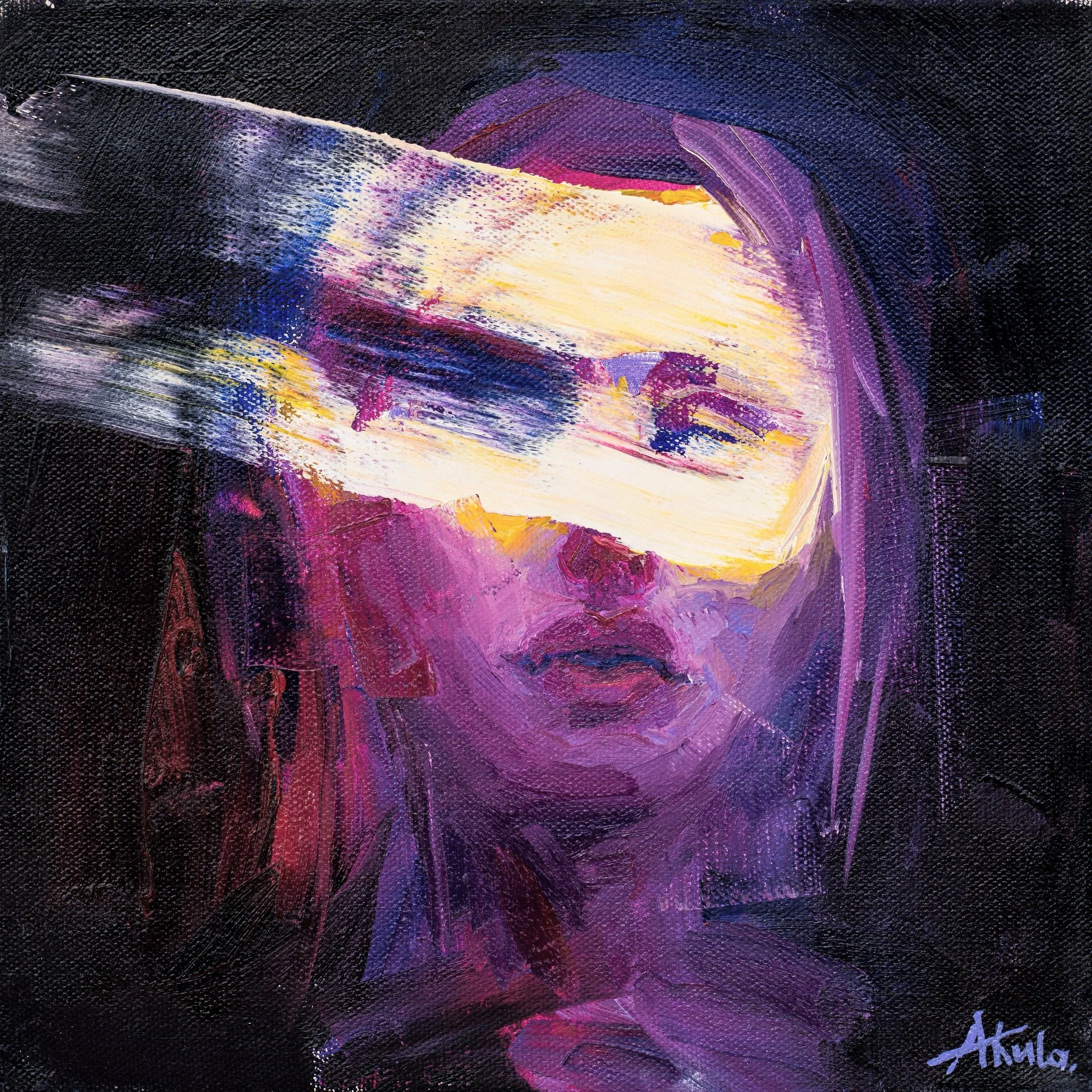 Flaming (2024) by Taia Akulova, a textured oil portrait featuring a woman's face partially obscured by sweeping yellow, white, purple, and blue brushstrokes.