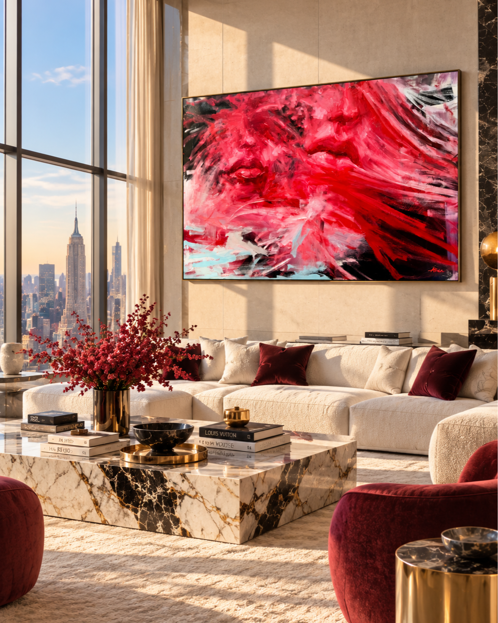 Luxury living room with red abstract wall art, marble coffee table, cream sectional sofa, and Empire State Building skyline view