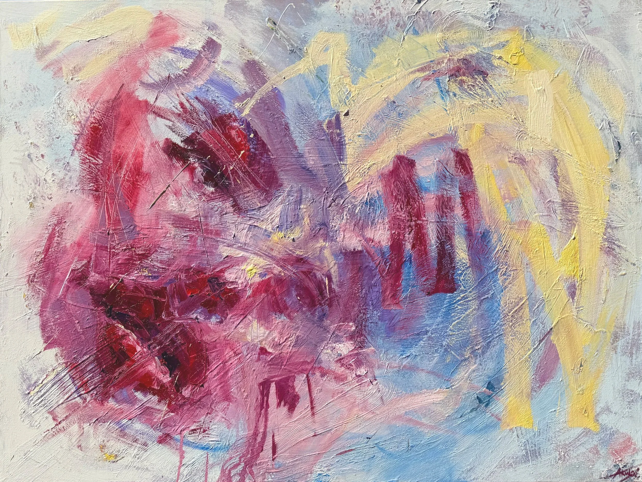 Odyssey, an original abstract expressionist oil painting by contemporary artist Taia Akulova, featuring dynamic layers of pink, burgundy, purple, blue, and yellow brushstrokes.