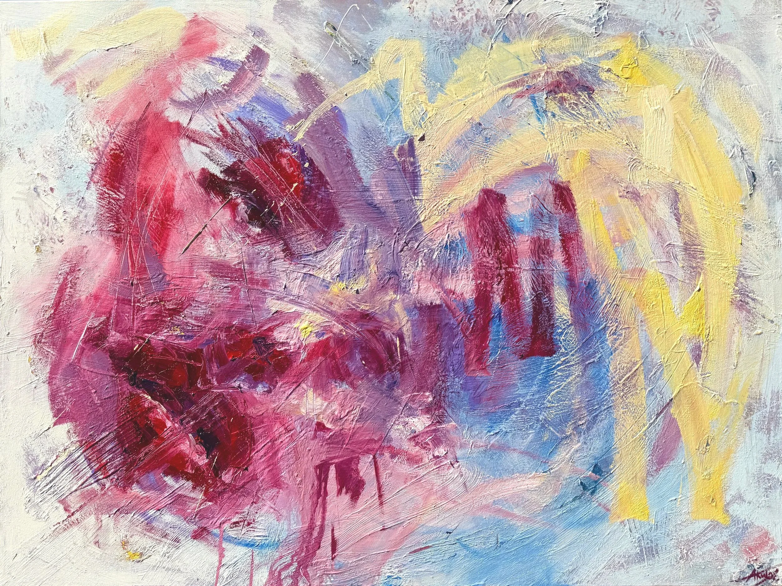 Vibrant abstract painting with textured brushstrokes in magenta, purple, blue, yellow, pink, and white