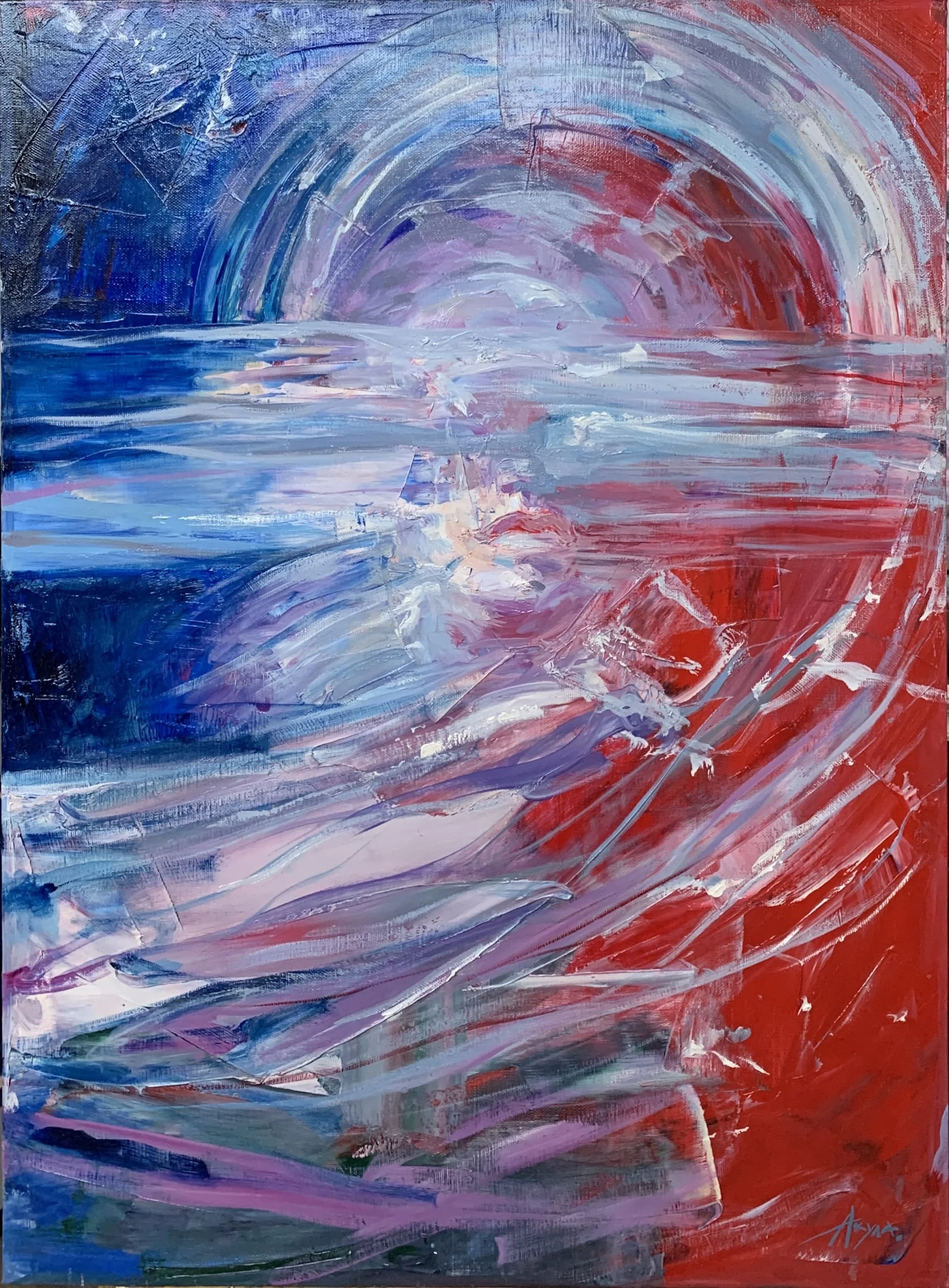 Abstract expressionist painting with sweeping blue, lavender, white, and red brushstrokes forming a swirling, textured composition.