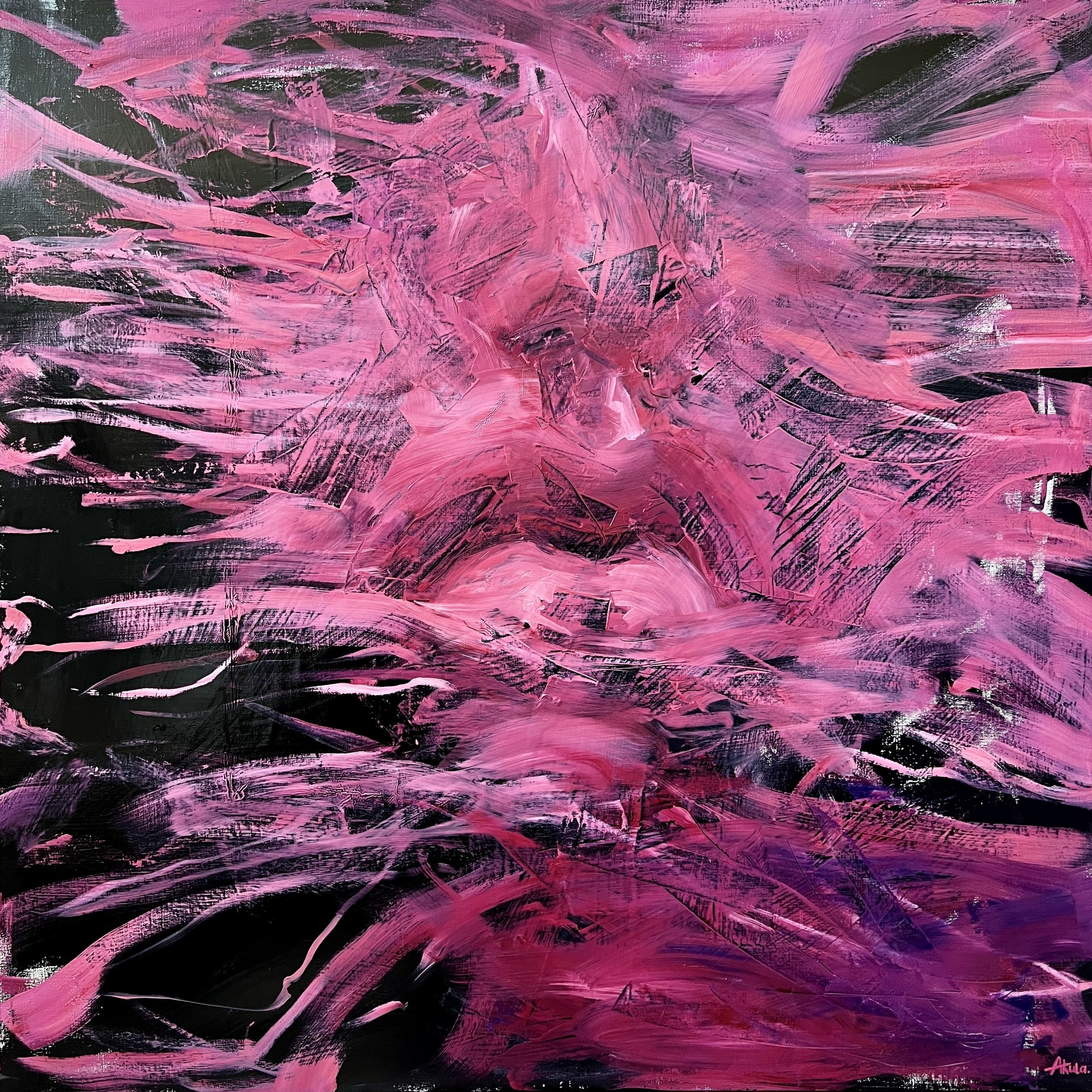 Abstract pink and purple acrylic painting with expressive black brushstrokes and textured layers