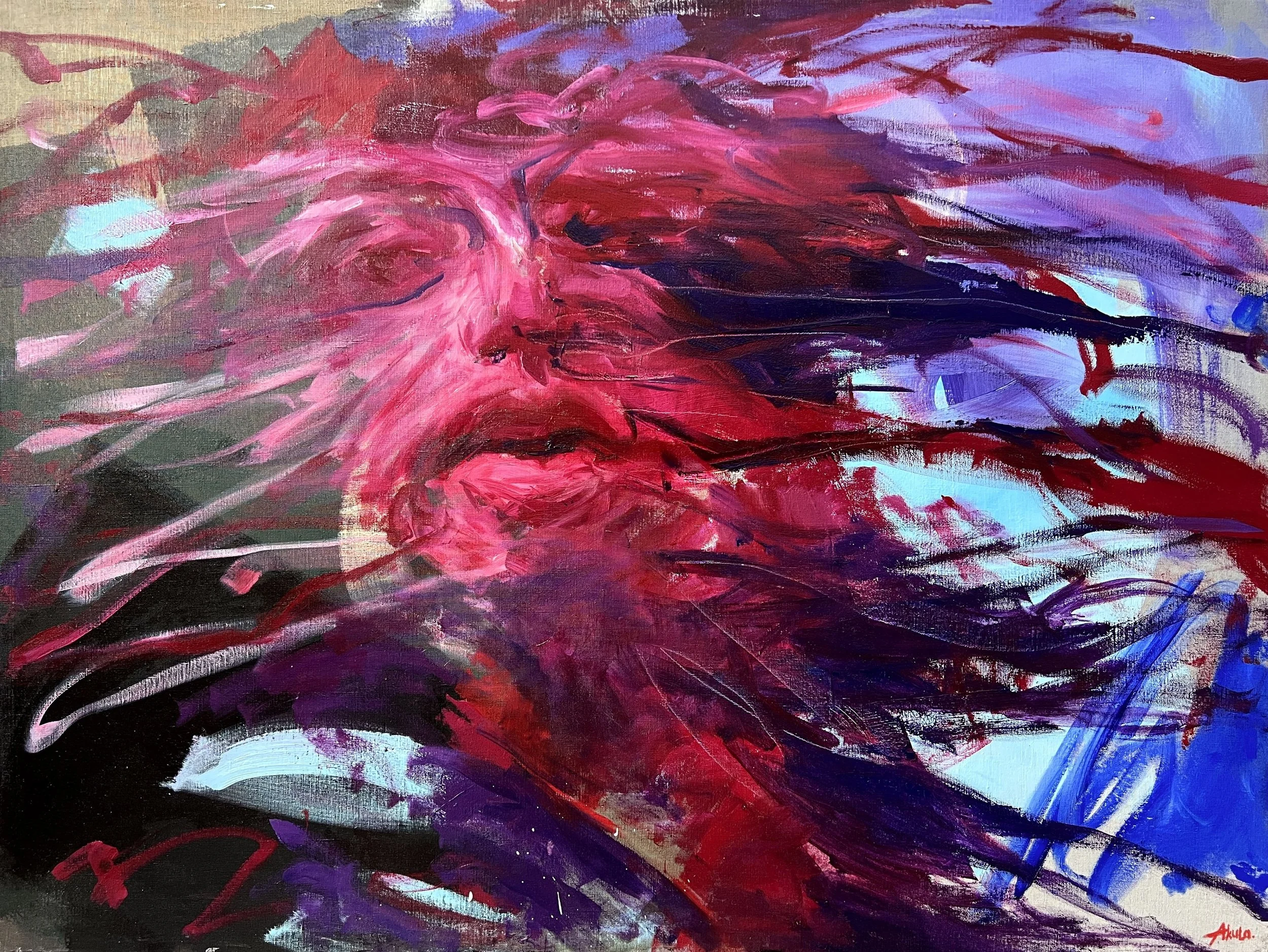 Abstract expressionist painting with sweeping magenta, crimson, purple, black, and blue brushstrokes on canvas