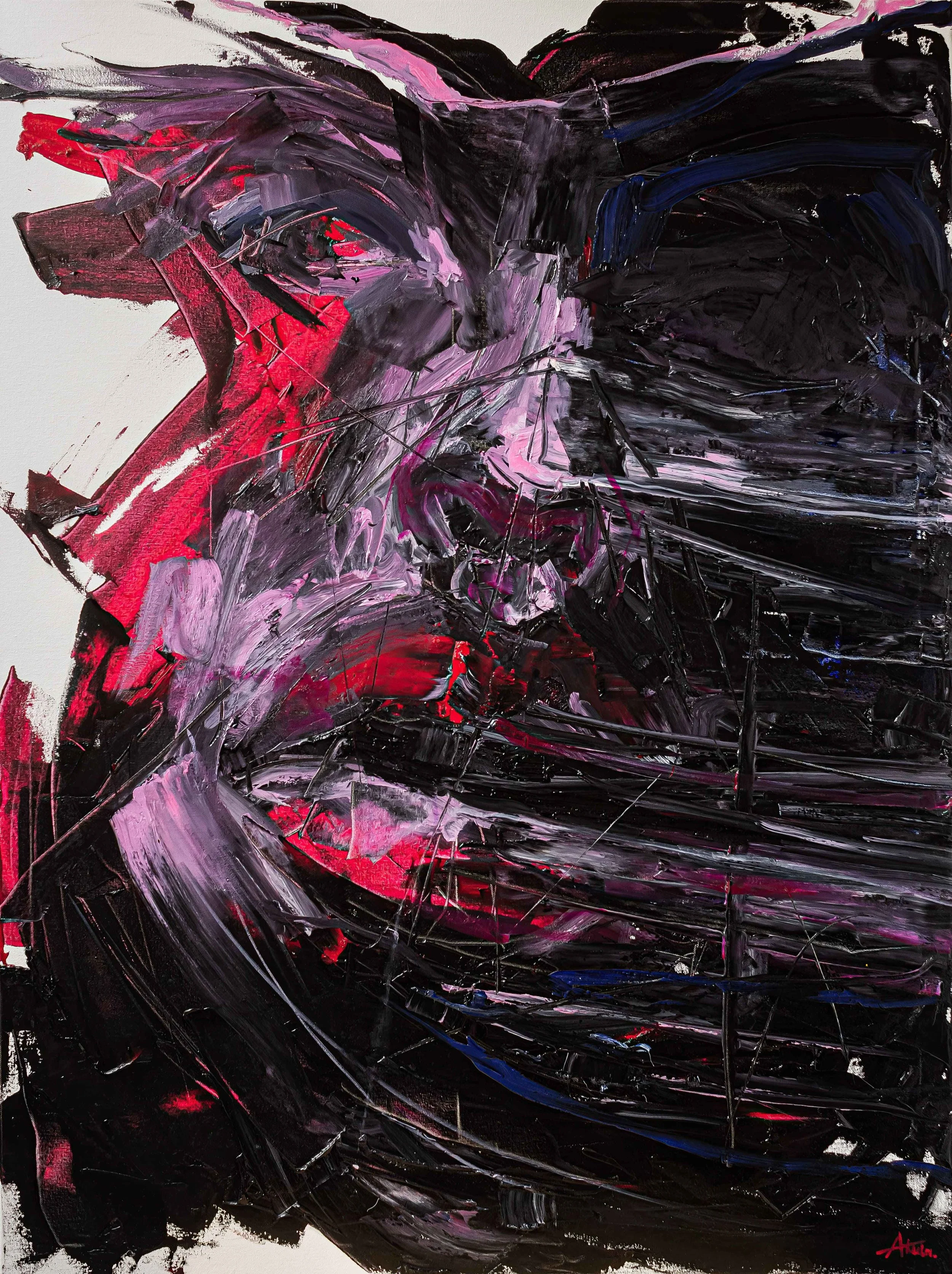 Abstract impasto painting with energetic black, red, purple, pink, and blue brushstrokes on a white background.