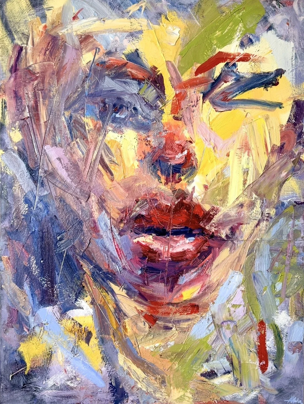 Vibrant abstract oil painting with layered brushstrokes in red, yellow, blue, purple, green, and pink.