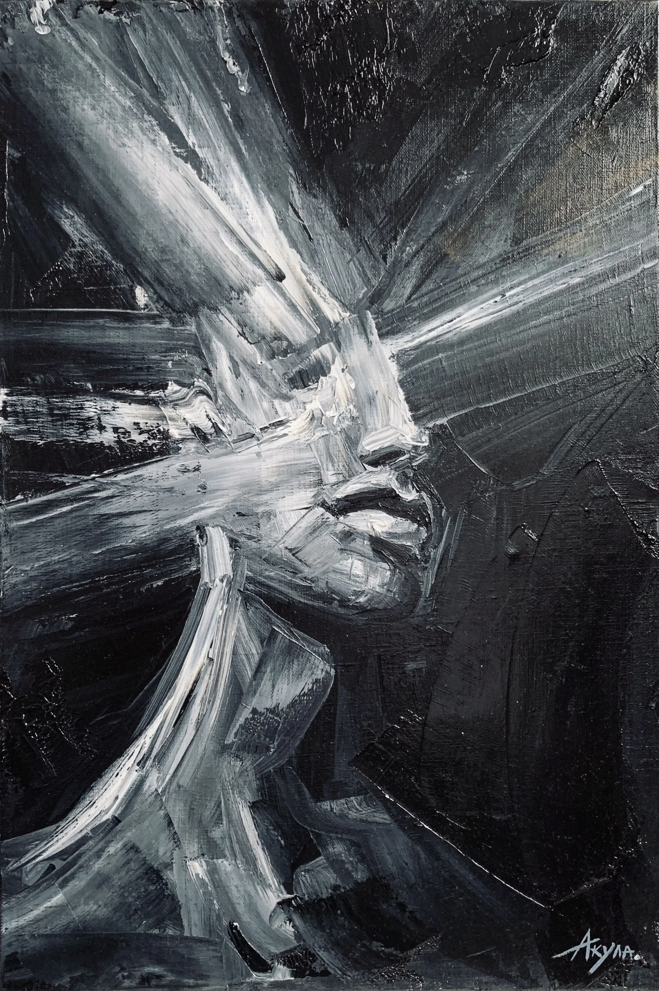 Monochrome abstract painting of dramatic white and gray brushstrokes on a black textured canvas