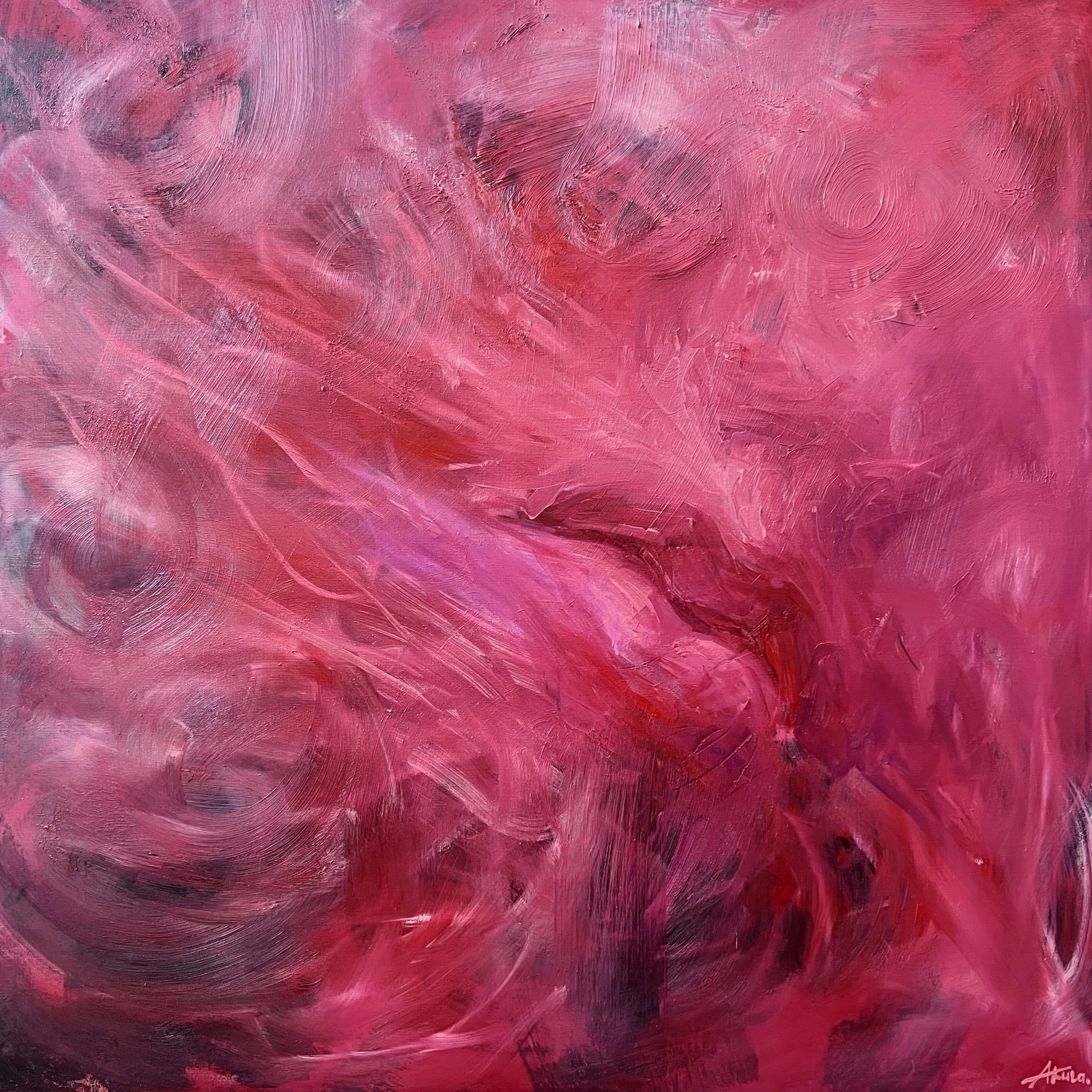 Abstract textured painting in shades of pink, magenta, and crimson with expressive brushstrokes.