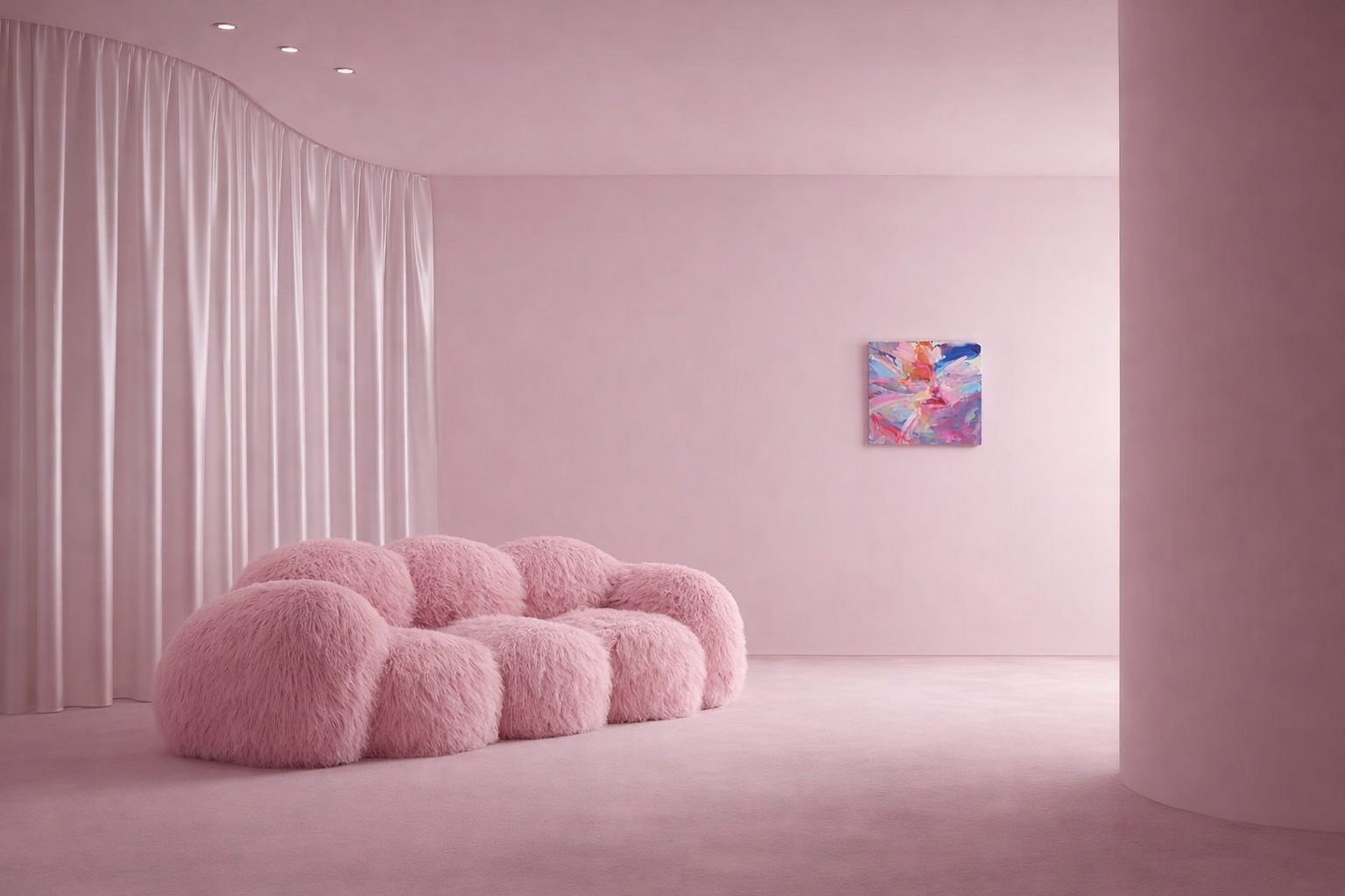 Interior visualization featuring an original expressive oil painting by Los Angeles-based contemporary artist Taia Akulova, displayed in a modern luxury residential setting.