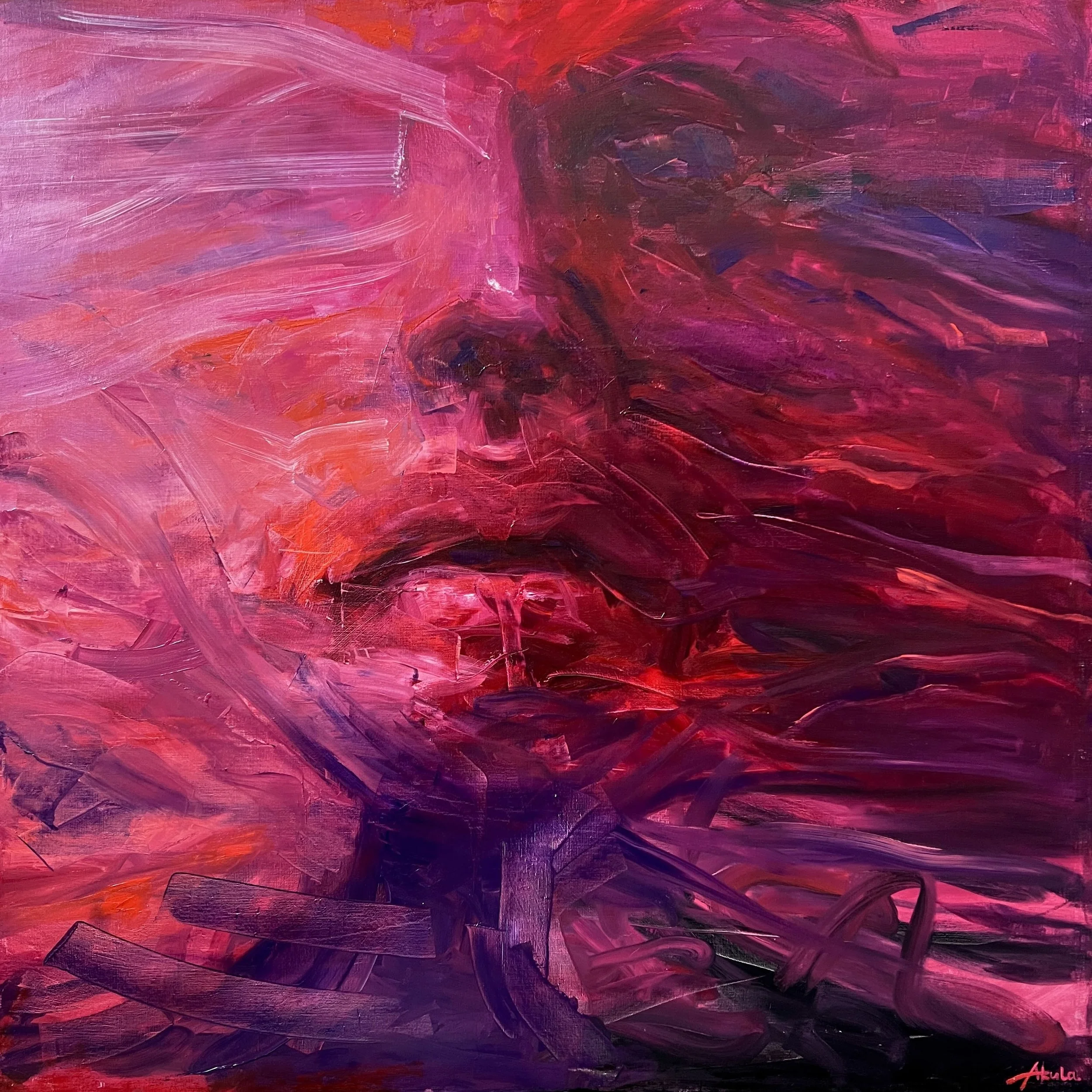 Abstract expressionist painting with layered magenta, crimson, purple, and black brushstrokes.