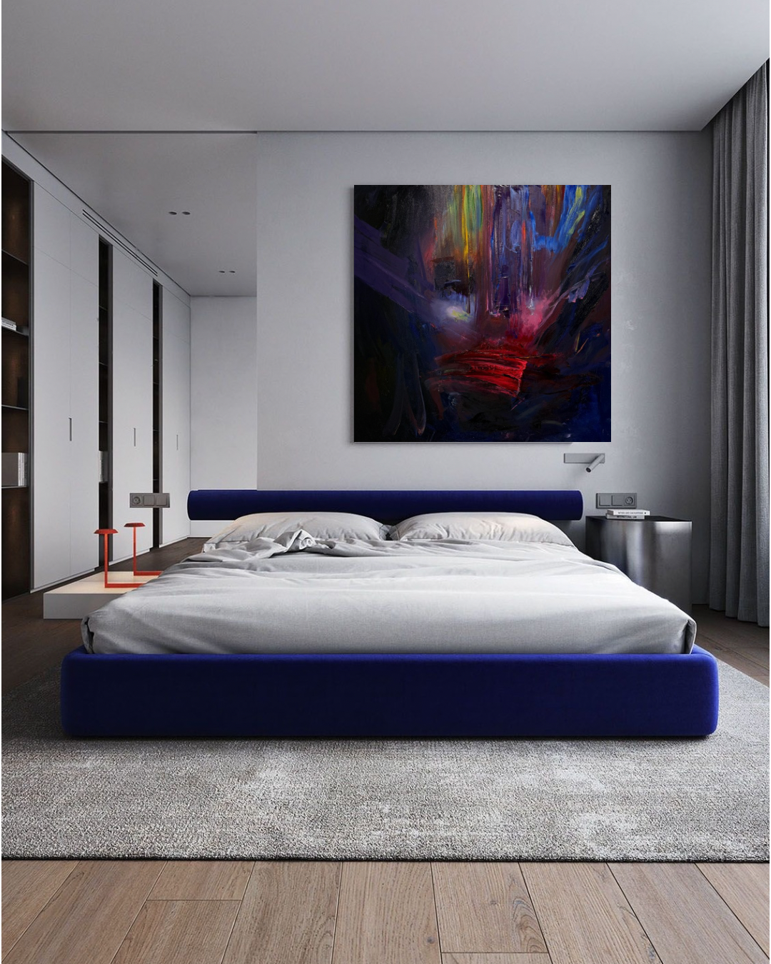 Modern bedroom with a deep blue upholstered bed, white bedding, abstract colorful wall art, built-in wardrobes, and gray curtains.