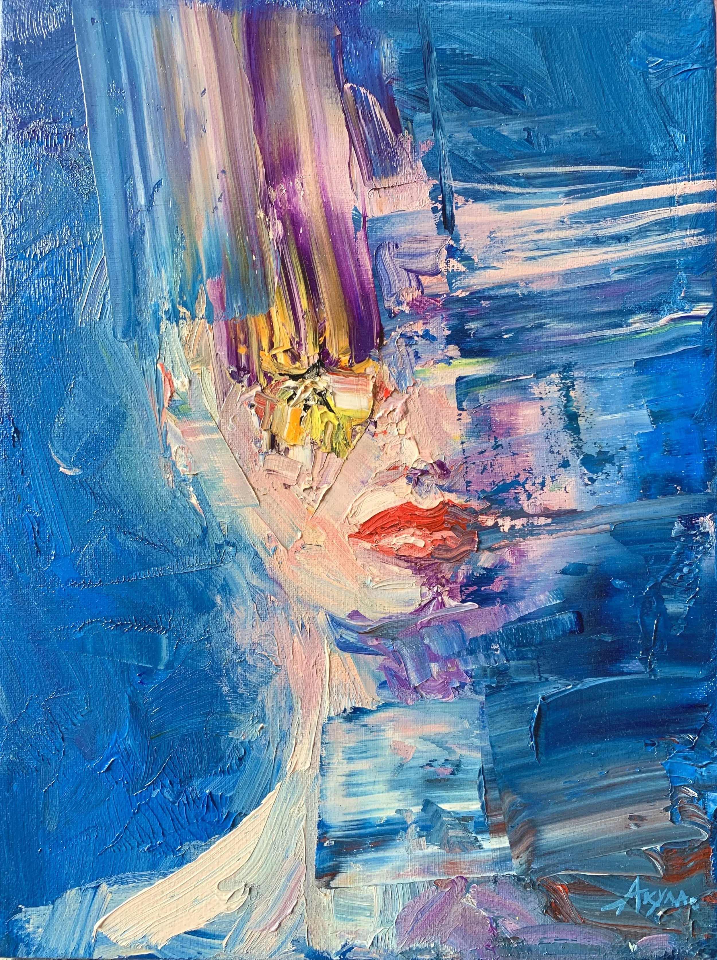 Abstract impasto painting with layered blue, teal, purple, pink, and peach brushstrokes