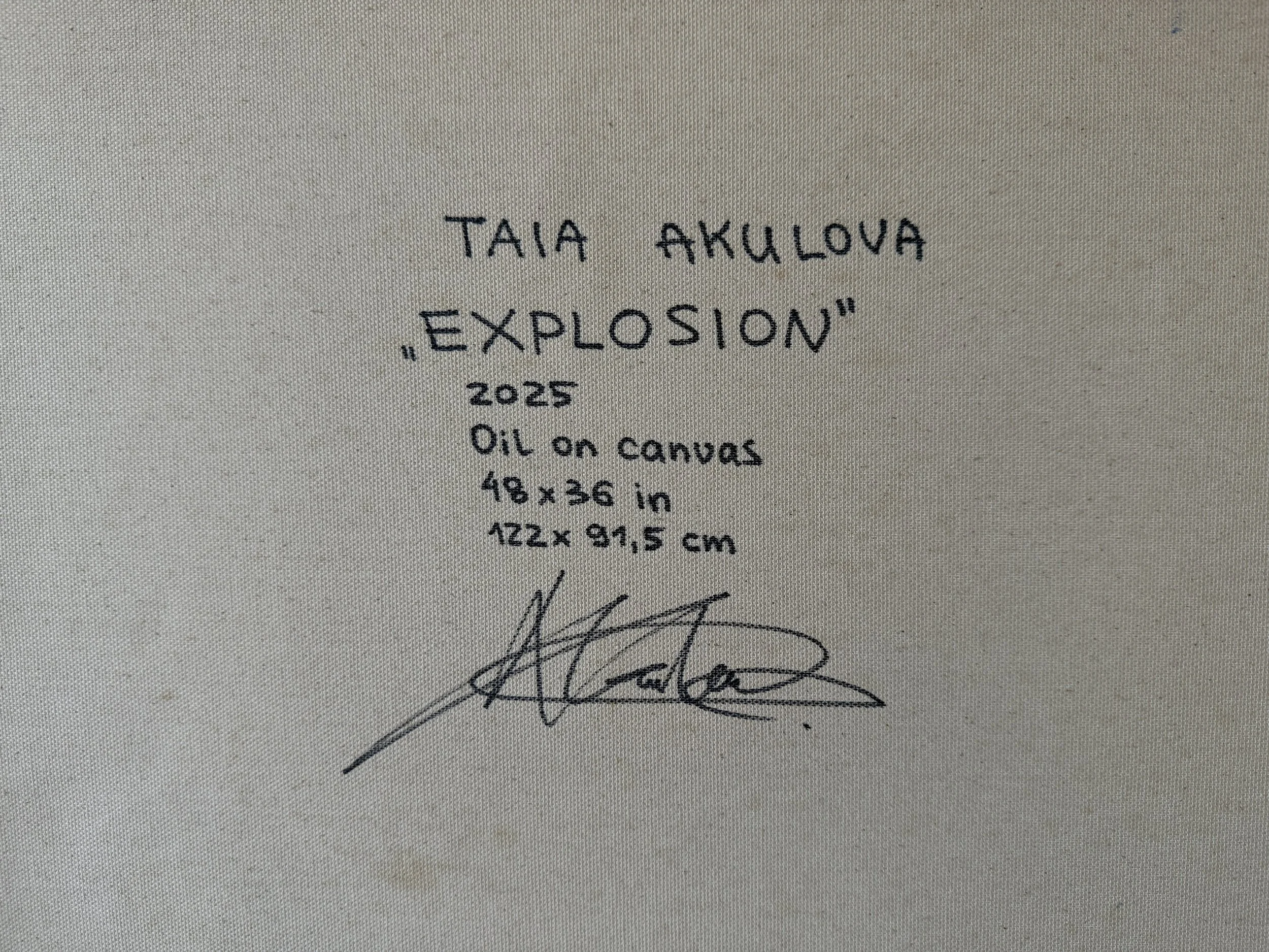 Signed painting “Tala Akulova Explosion,” an oil painting on canvas dated 2023, measuring 48 by 36 inches.