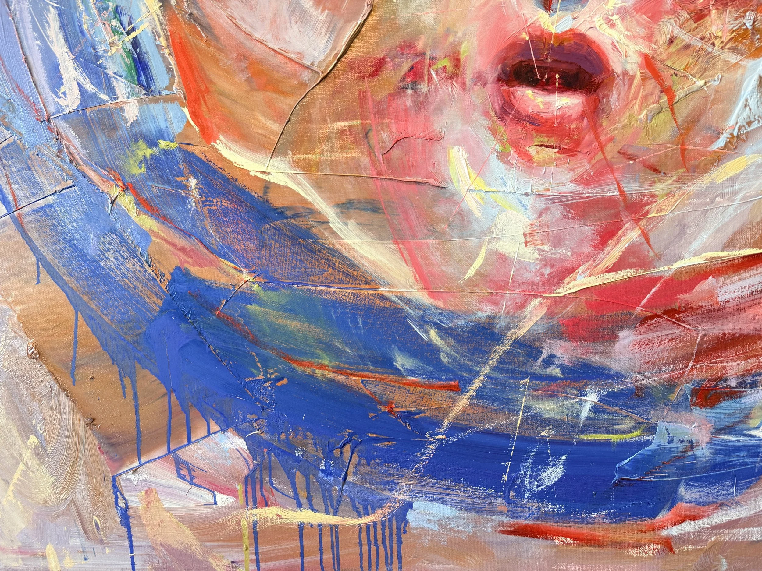 Vibrant abstract painting with layered blue, pink, red, orange, and white brushstrokes and dripping paint