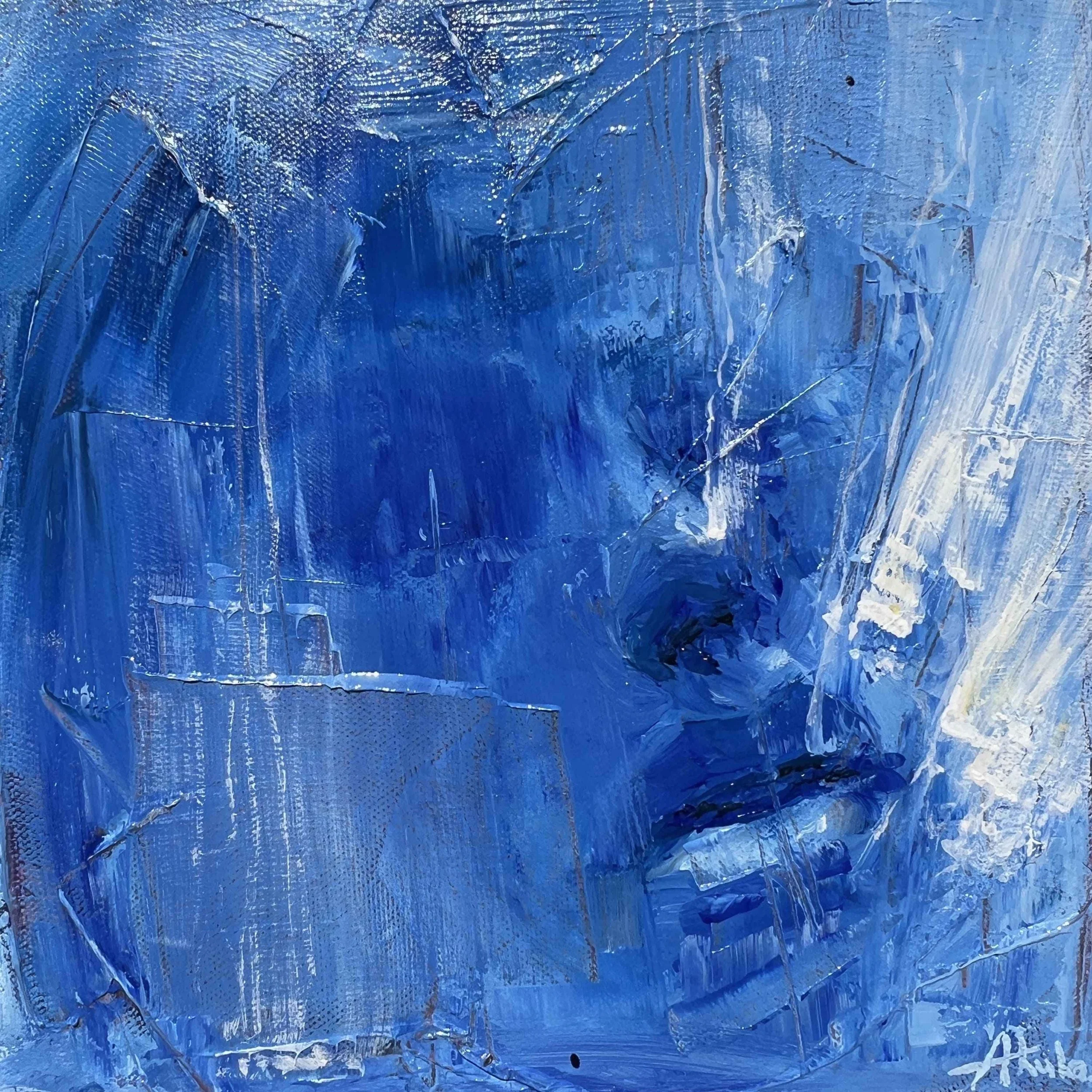 Vanishing (2024), original oil painting by Los Angeles contemporary artist Taia Akulova, featuring layered blue tones and expressive textured brushstrokes.