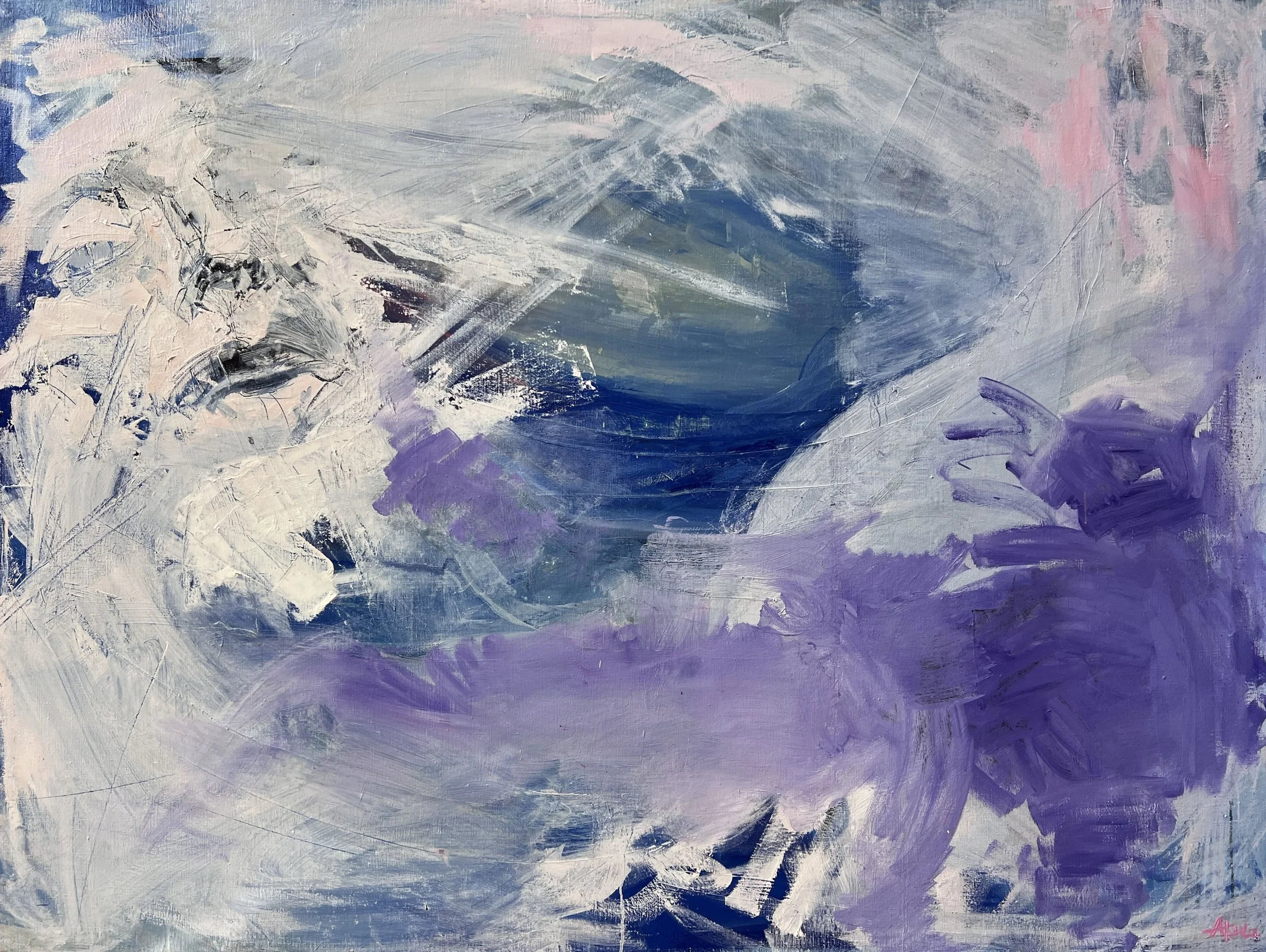 Abstract expressionist painting with layered blue, lavender, gray, white, and pale pink brushstrokes.