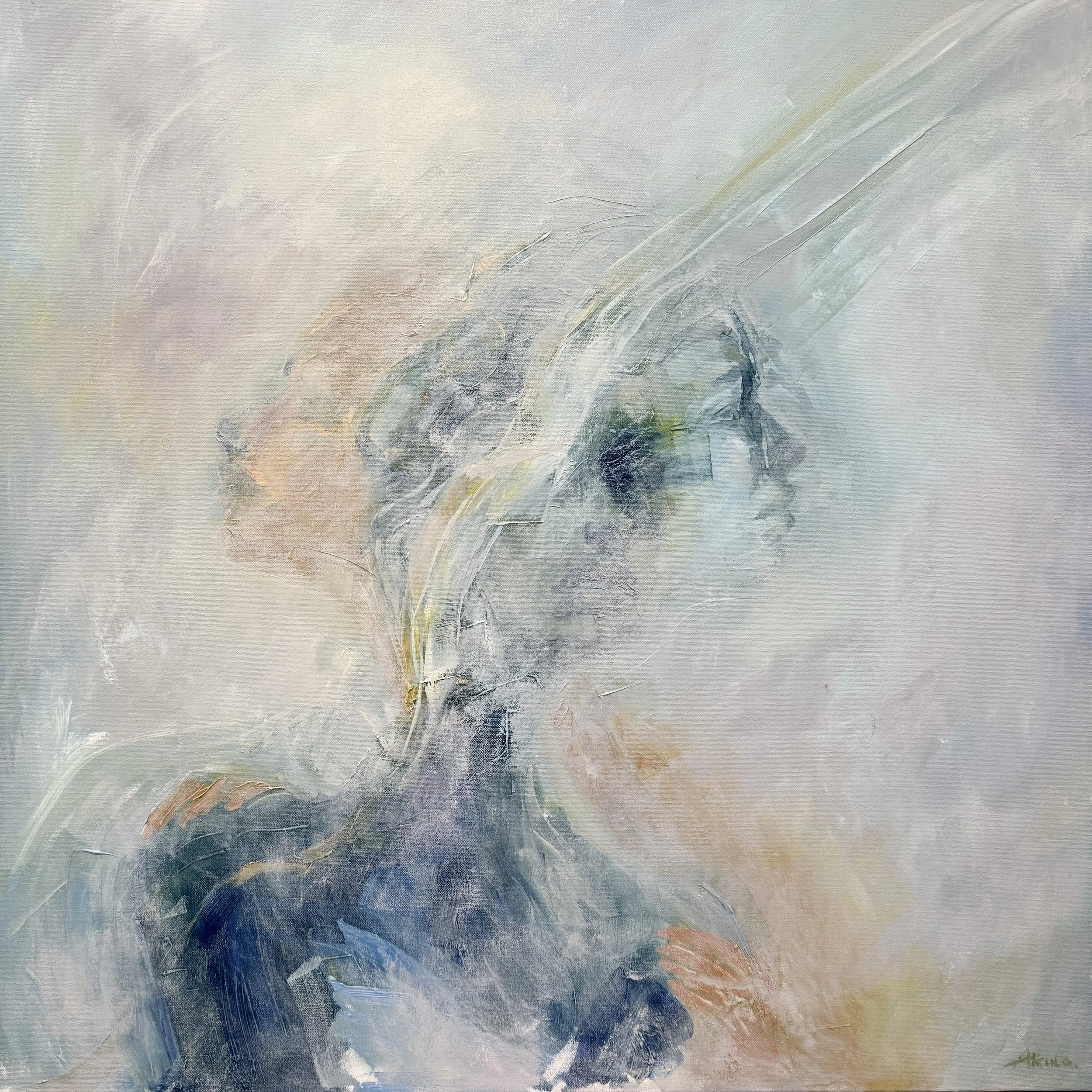 Abstract pastel painting of a soft blue, gray, and peach floral arrangement with textured brushstrokes.