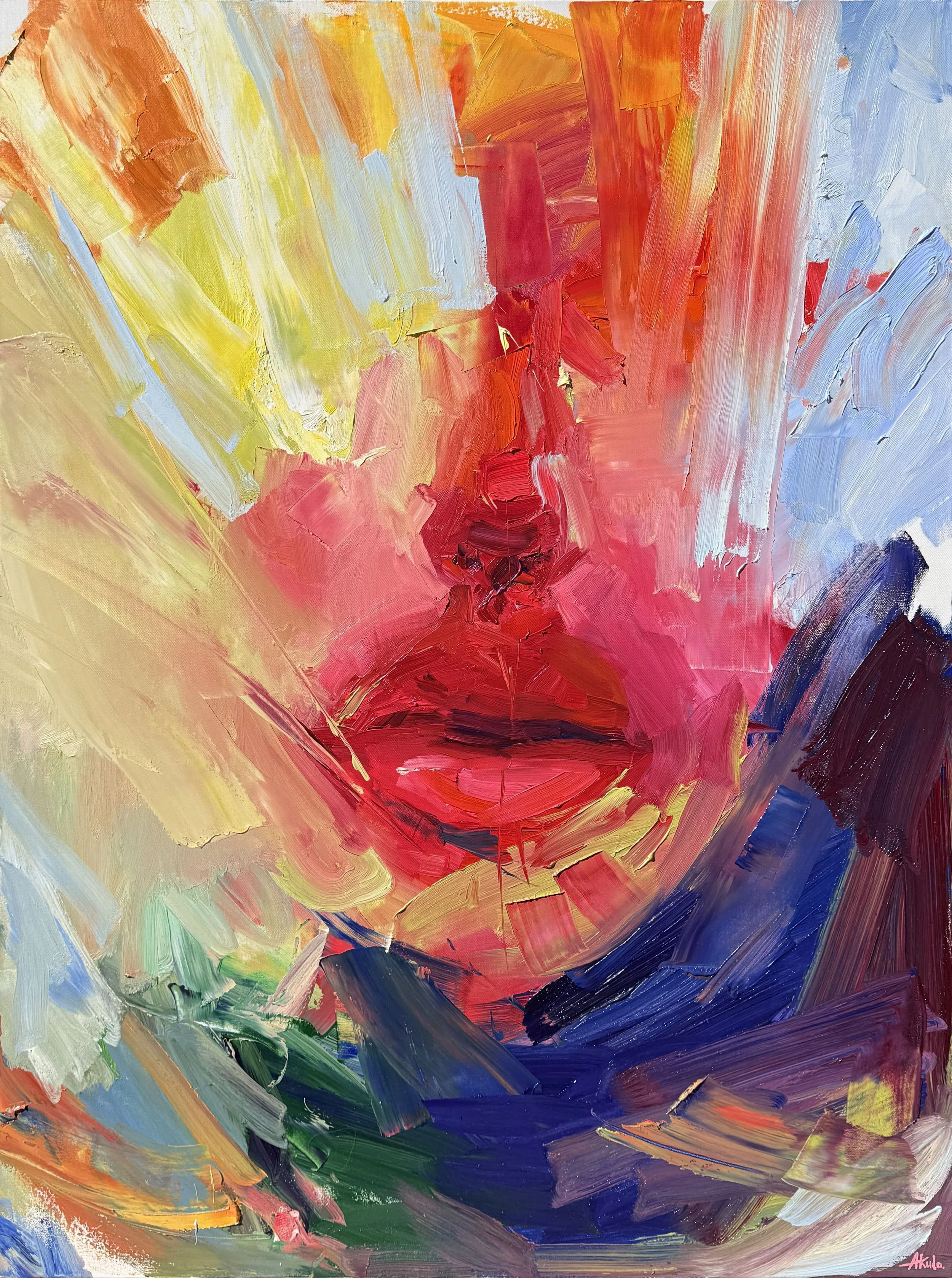 TALK TO ME (2026), an expressive oil painting by Los Angeles contemporary artist Taia Akulova, featuring a fragmented face in vibrant colors.