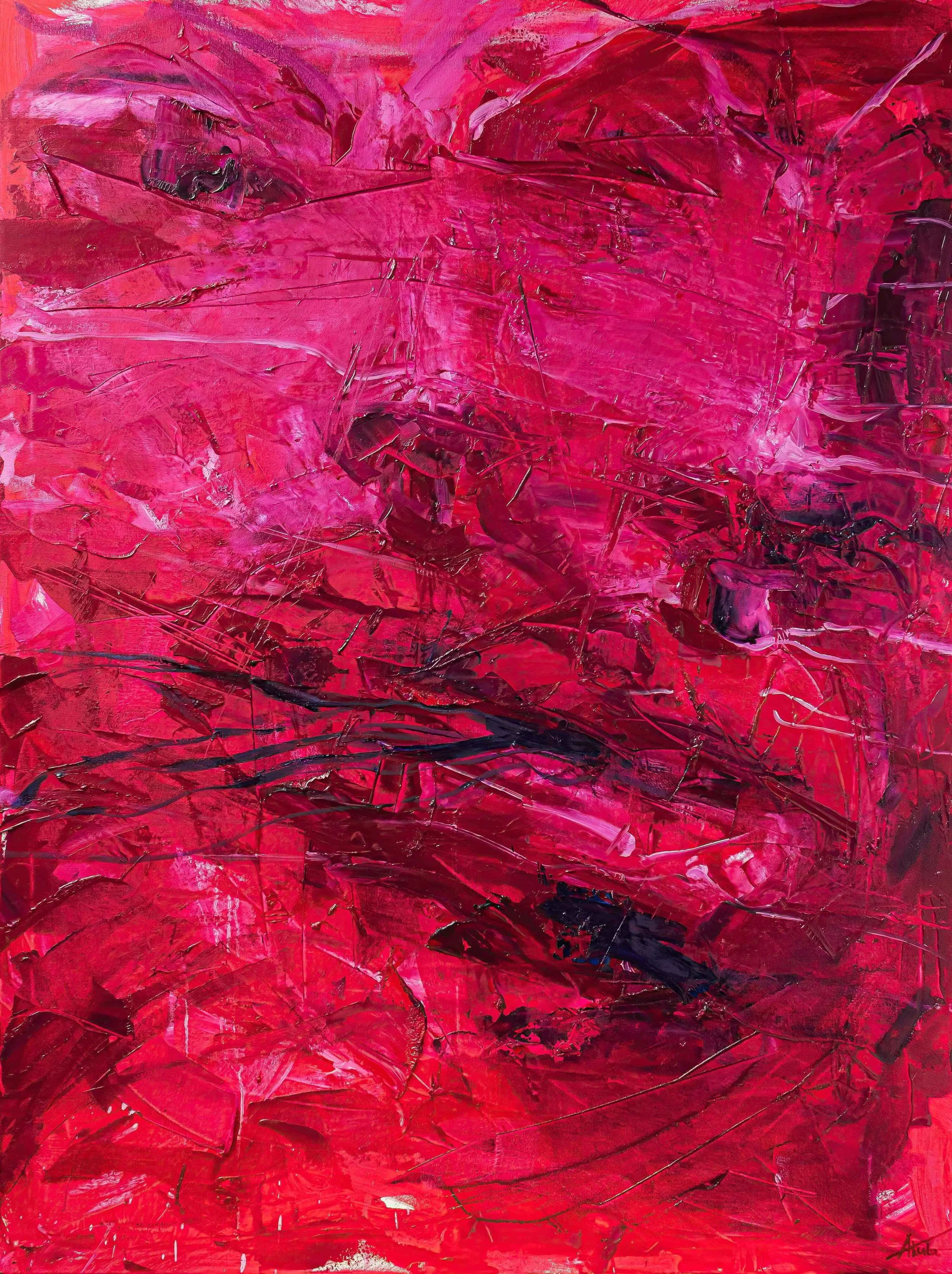 Passion (2024), original oil on canvas by Los Angeles artist Taia Akulova, featuring rich crimson, magenta, and red brushstrokes with layered textures.