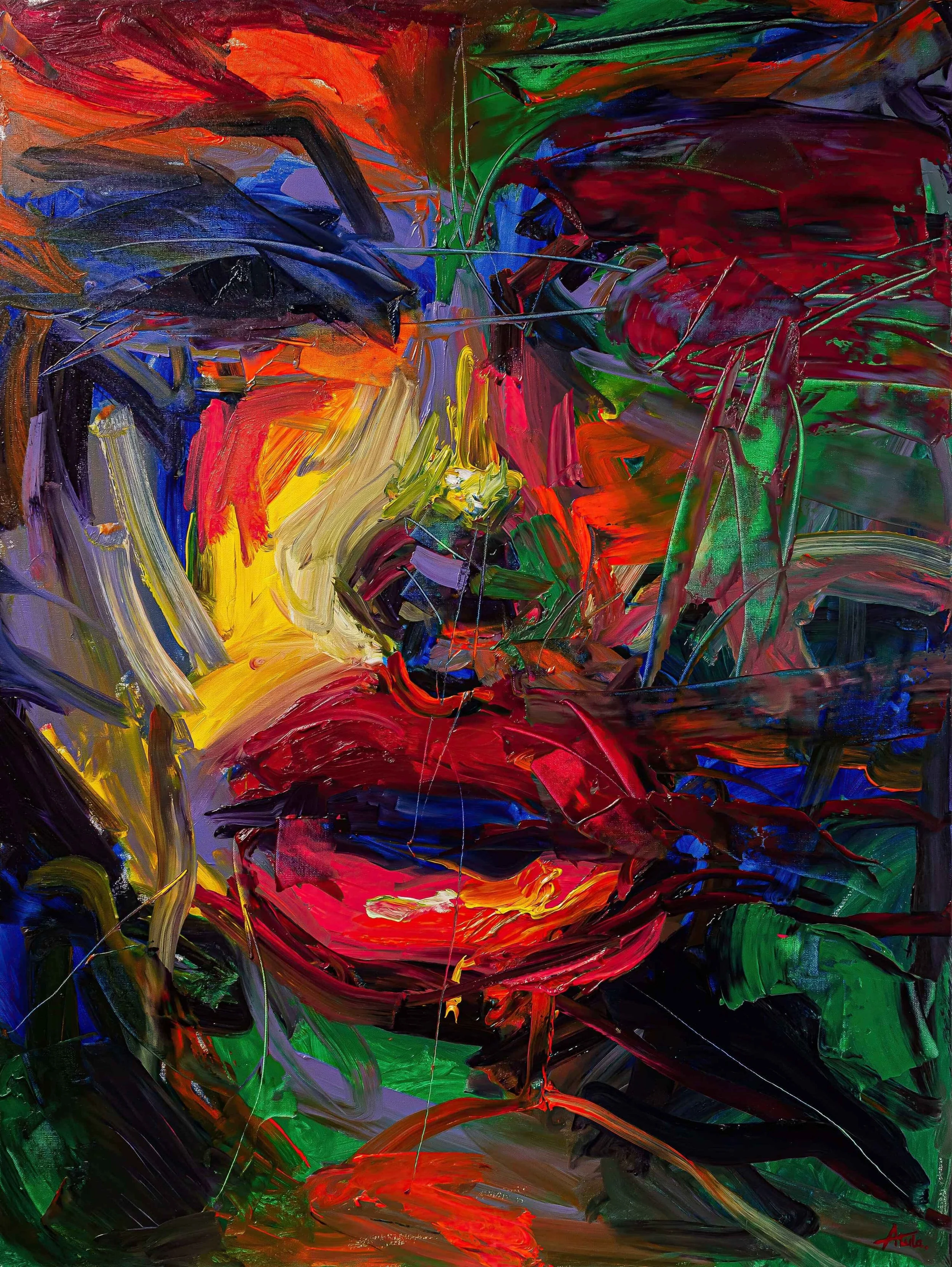 Oil painting Craving (2024) by contemporary artist Taia Akulova, featuring an expressive face emerging from bold red, orange, green, and dark brushstrokes.