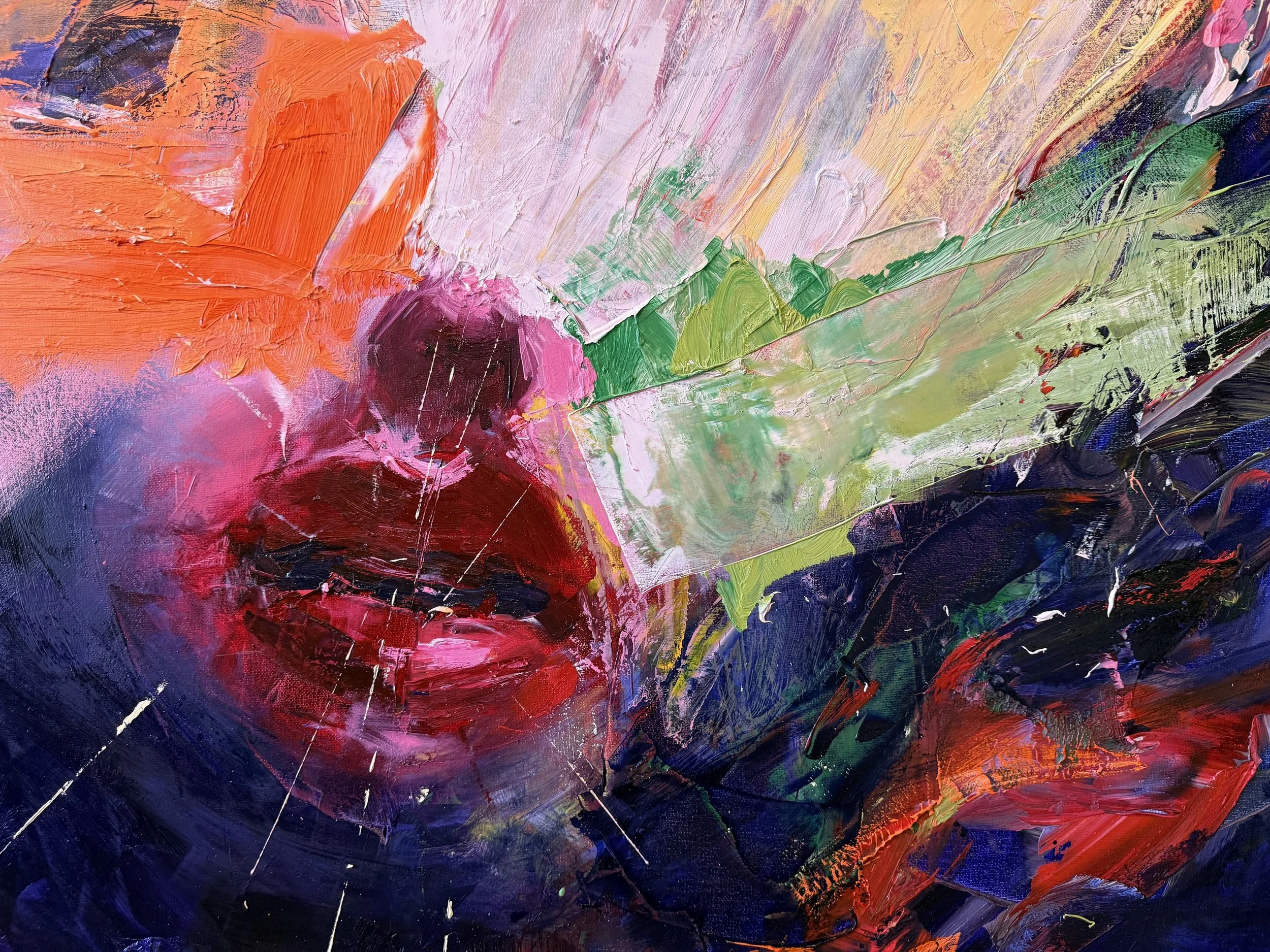 Electric Feeling (2025), an original abstract expressionist oil painting by contemporary artist Taia Akulova, featuring energetic blue, red, orange, and yellow brushstrokes with rich textures.