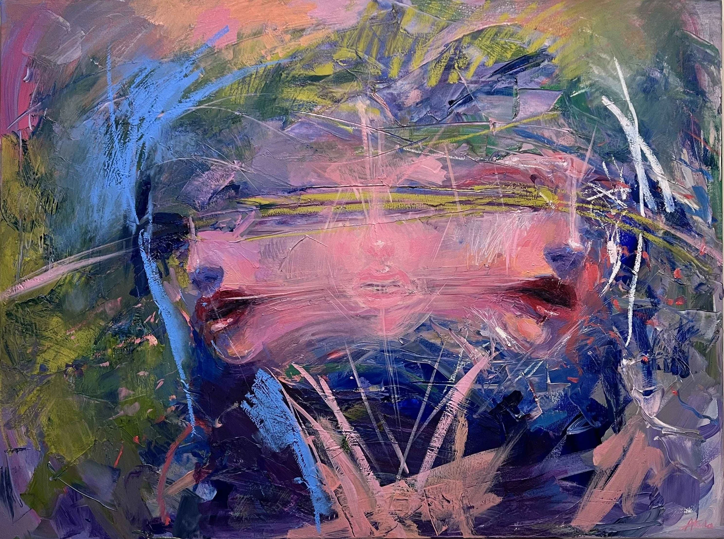 Dizzi (2024), original oil painting by contemporary artist Taia Akulova, featuring dynamic purple, blue, pink, and green brushstrokes in an expressive abstract composition.