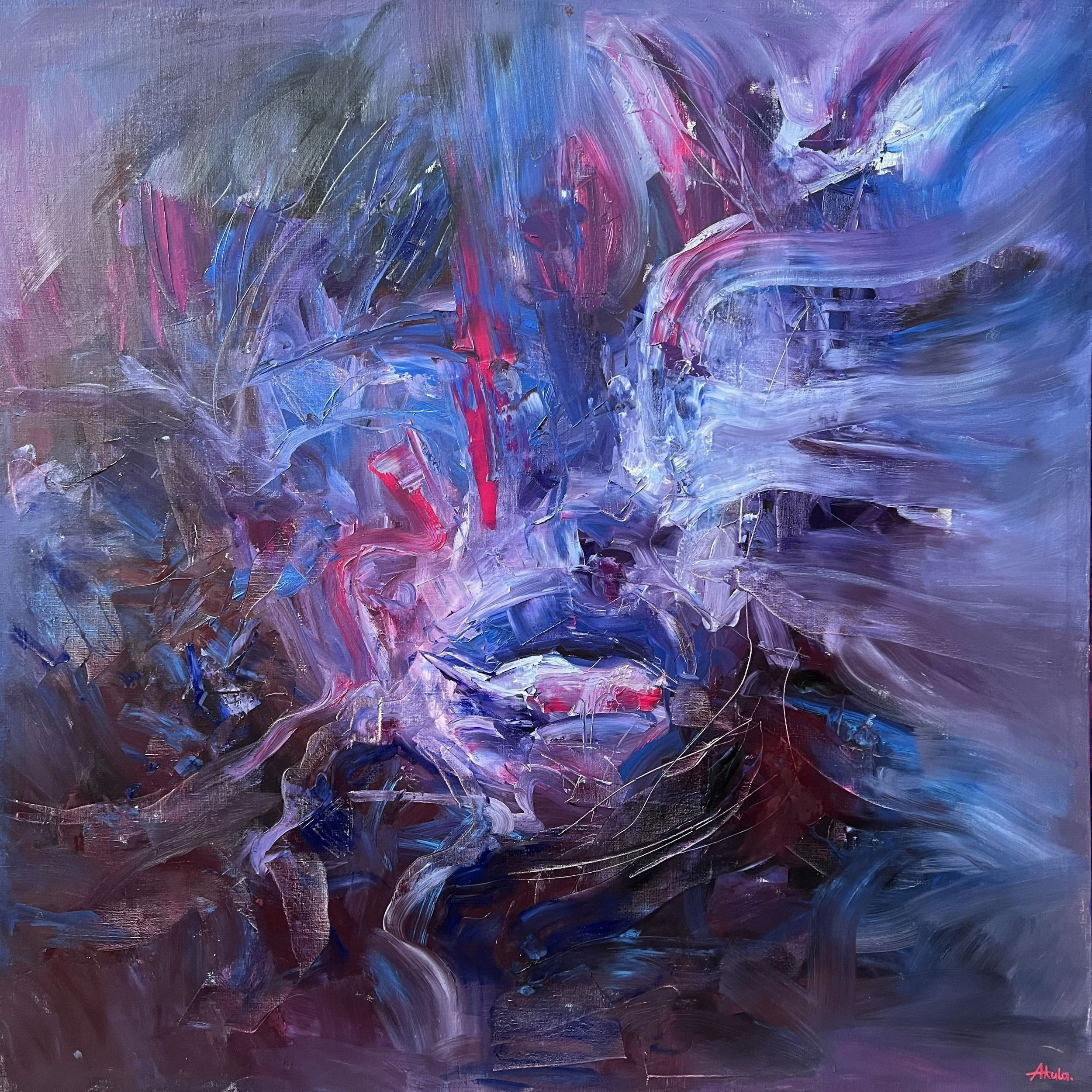 Abstract expressionist painting with layered purple, blue, red, and lavender brushstrokes