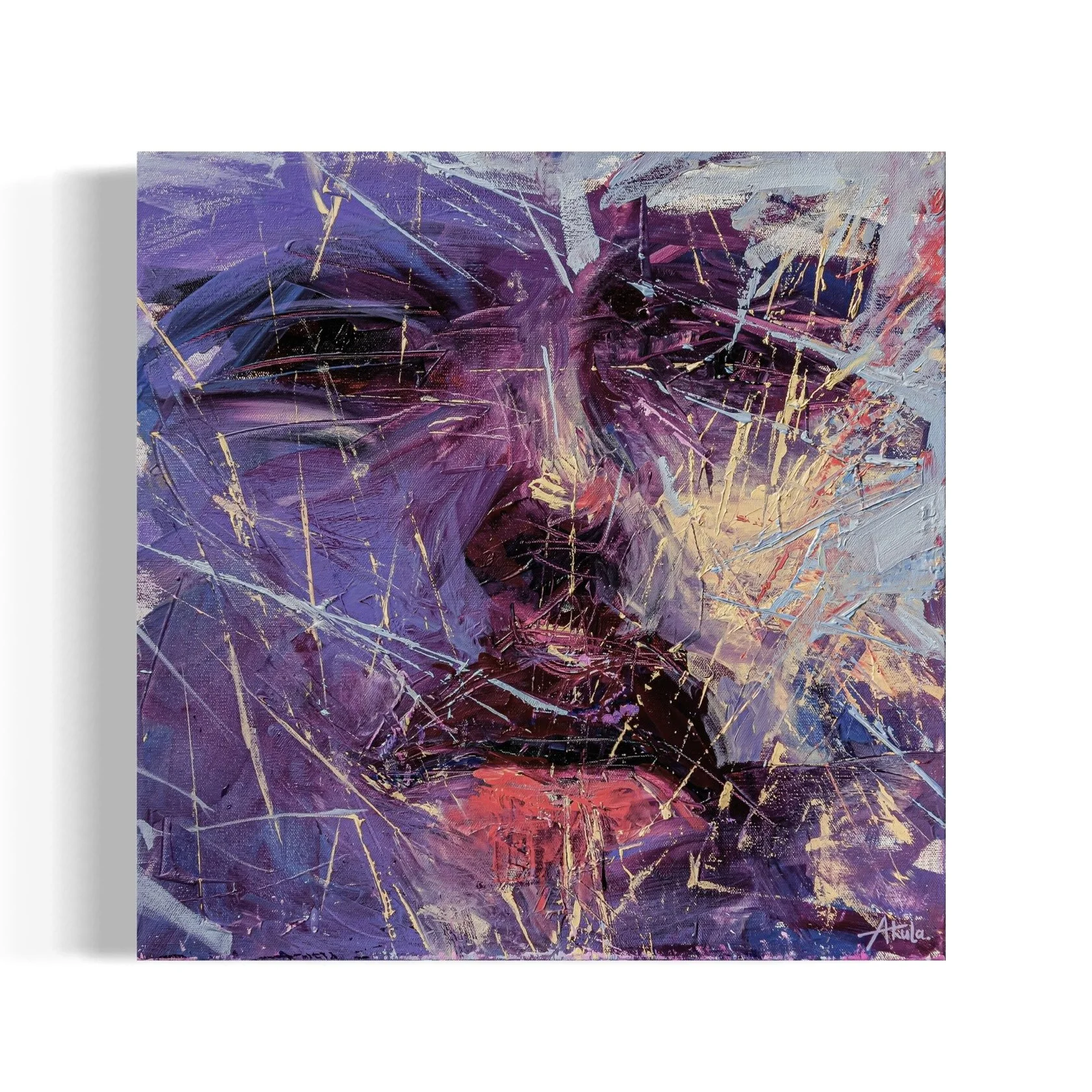 Abstract expressionist painting in vivid purple, magenta, blue, gold, and red with energetic layered brushstrokes and splatters