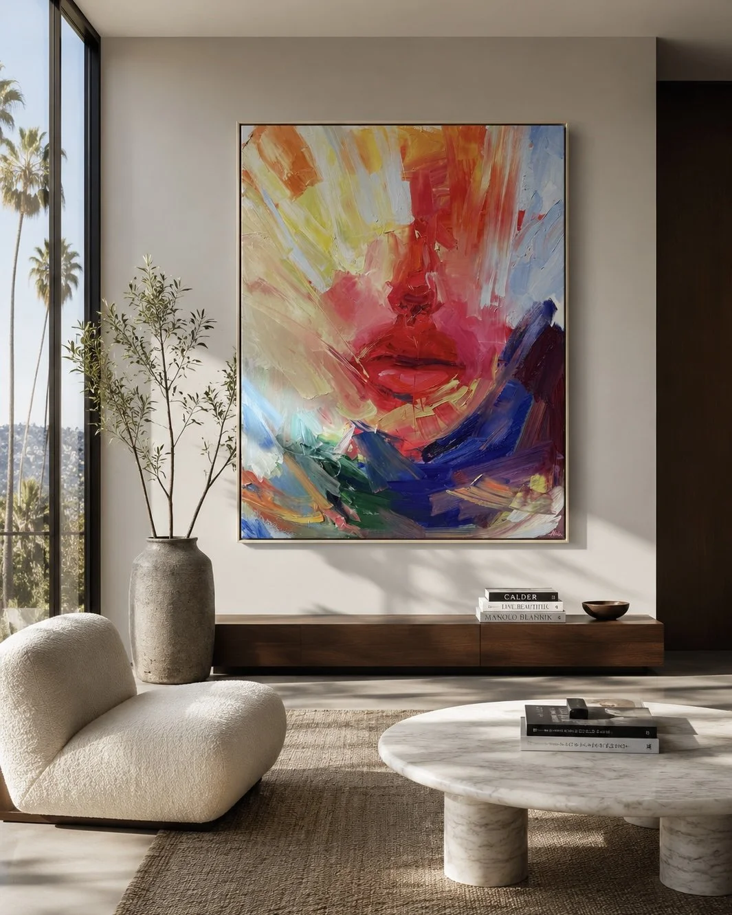 Interior visualization featuring an original expressive oil painting by Los Angeles-based contemporary artist Taia Akulova, displayed in a modern luxury residential setting.