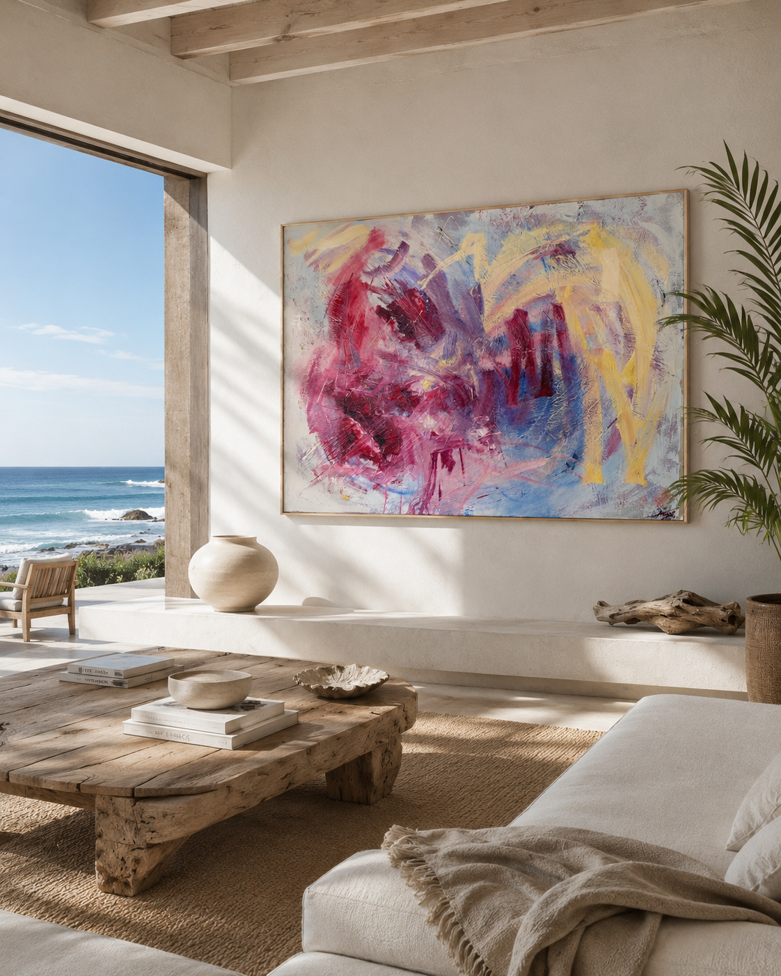 Sunlit coastal living room with colorful abstract artwork, ocean view, wooden coffee table, ceramic decor, and potted palm