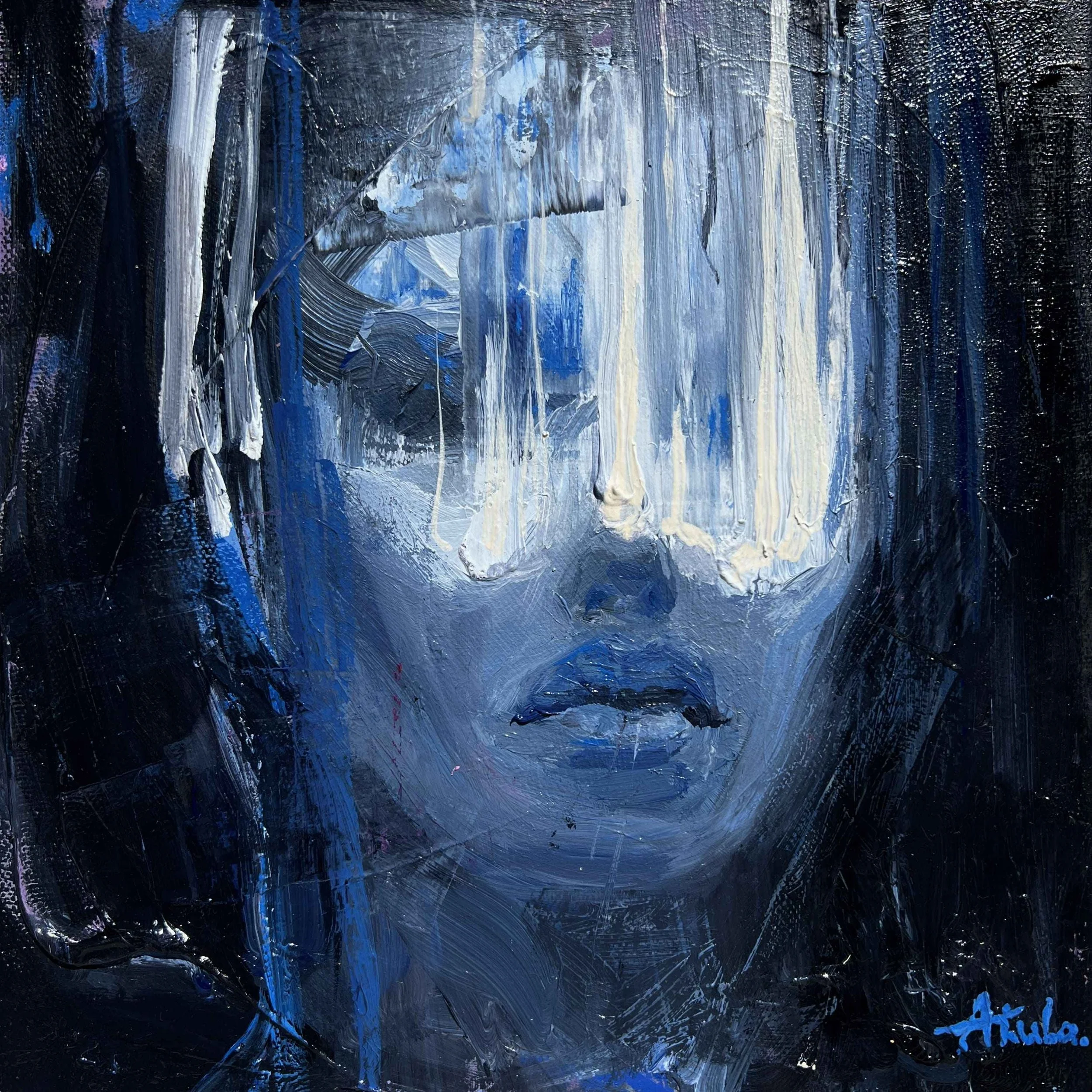 Alien, original oil painting by contemporary artist Taia Akulova, depicting a blue-gray face with textured white vertical brushstrokes against a dark background.