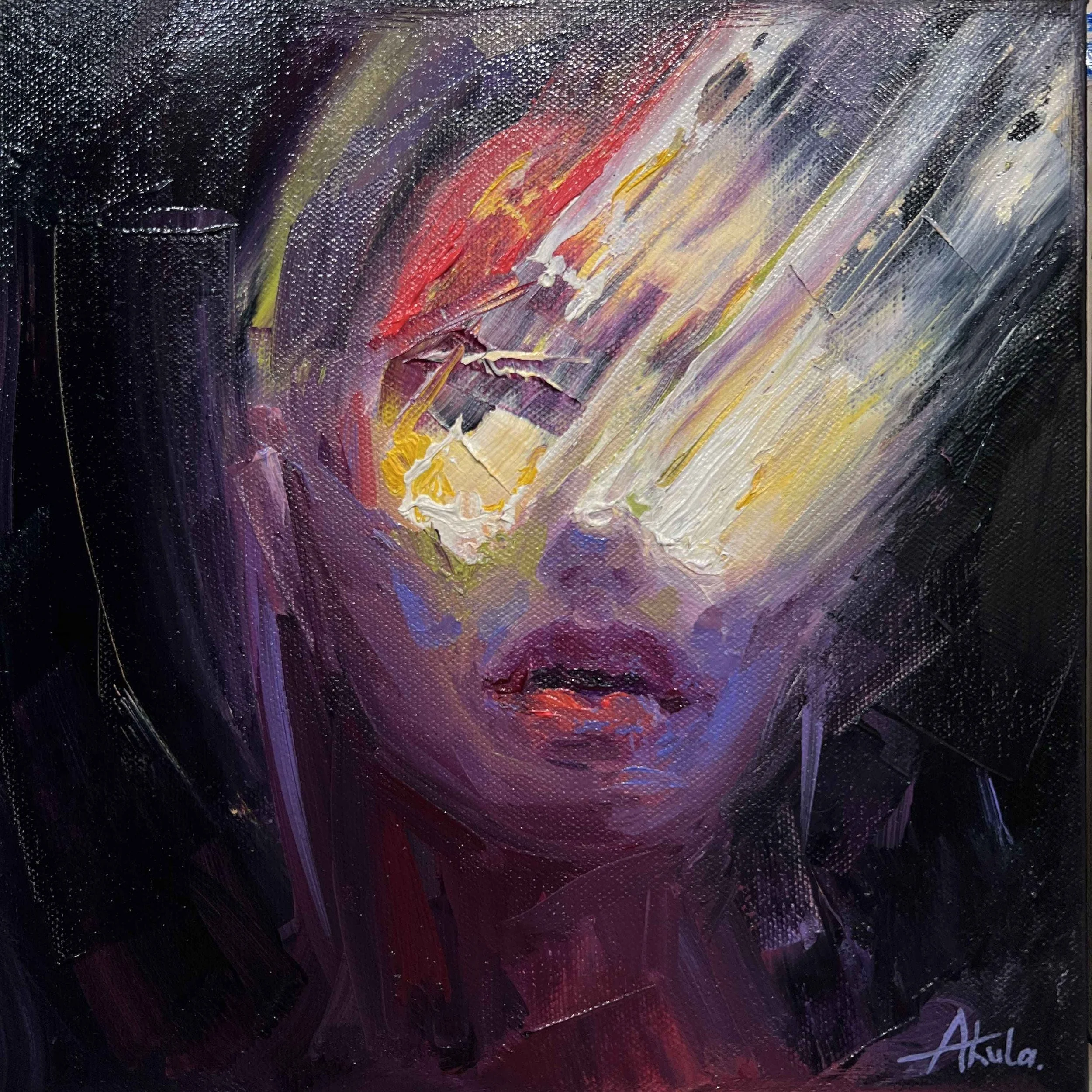 Burning (2024), original oil painting by Los Angeles contemporary artist Taia Akulova, depicting a woman's face through expressive black, purple, red, and golden brushstrokes.
