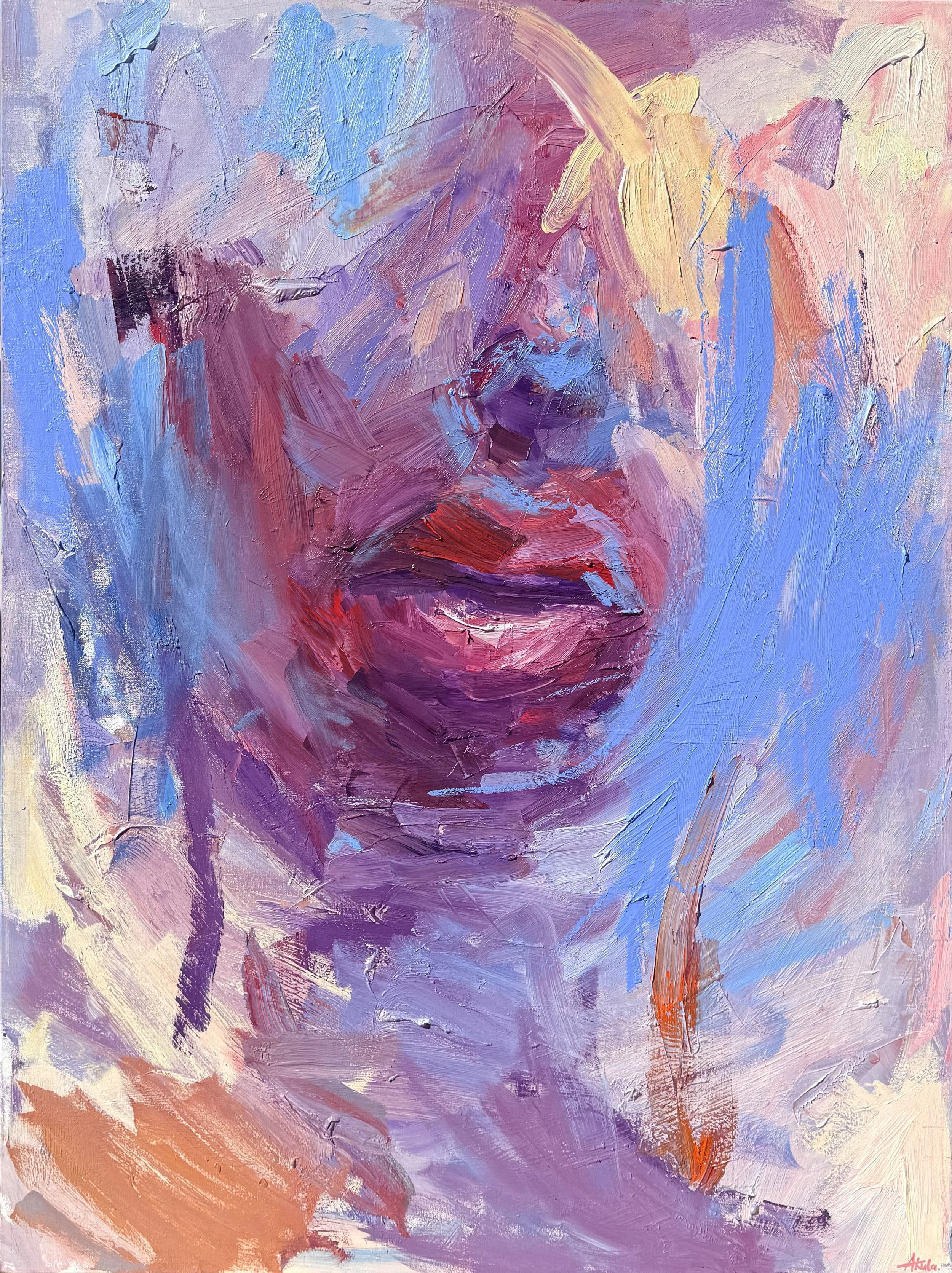ALMOST SAID (2026), an expressive oil painting by Taia Akulova, depicting a fragmented human face in layered lavender, blue, pink, and purple brushstrokes.