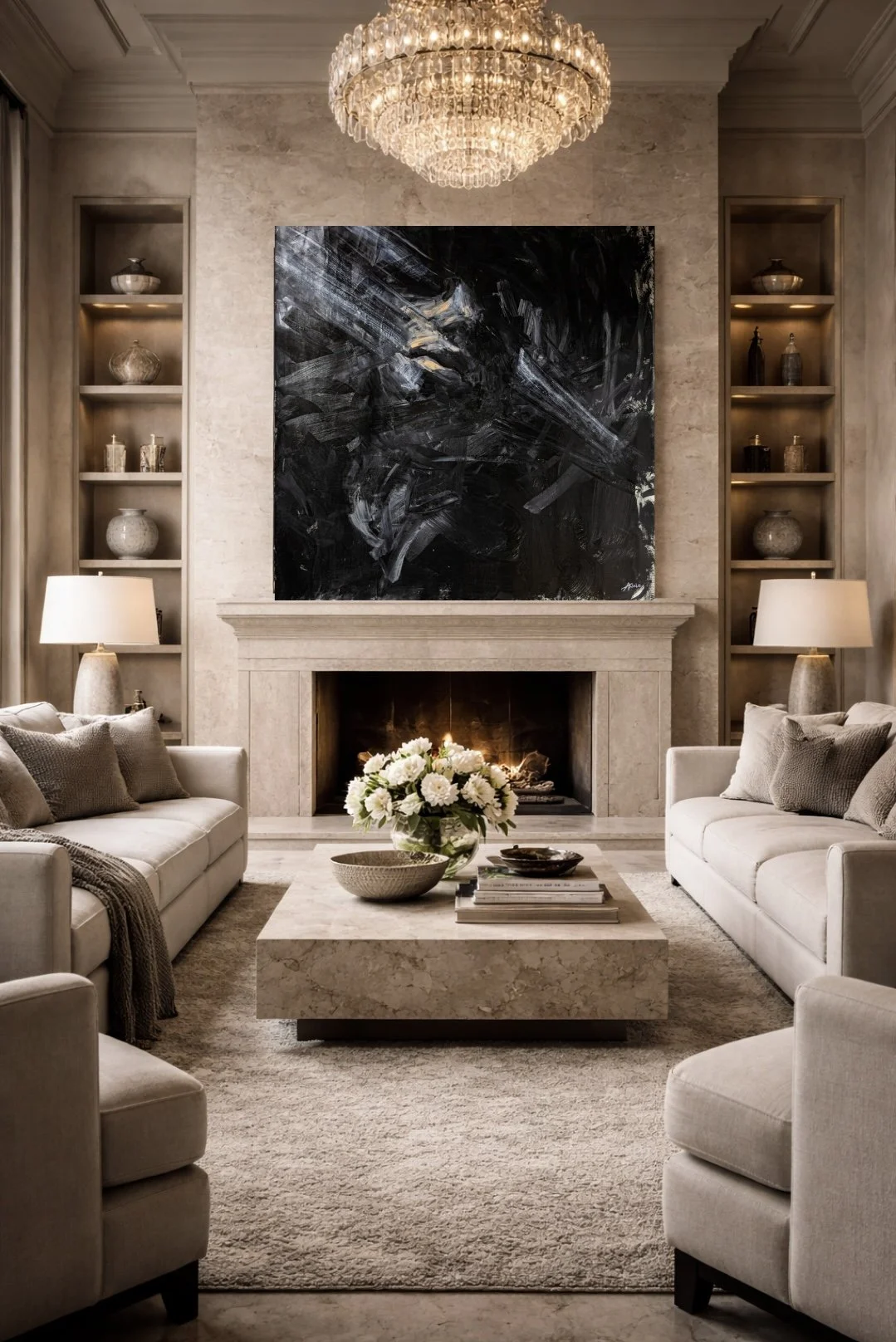 Elegant neutral living room with marble fireplace, black abstract artwork, crystal chandelier, built-in shelves, white sofas, and floral centerpiece