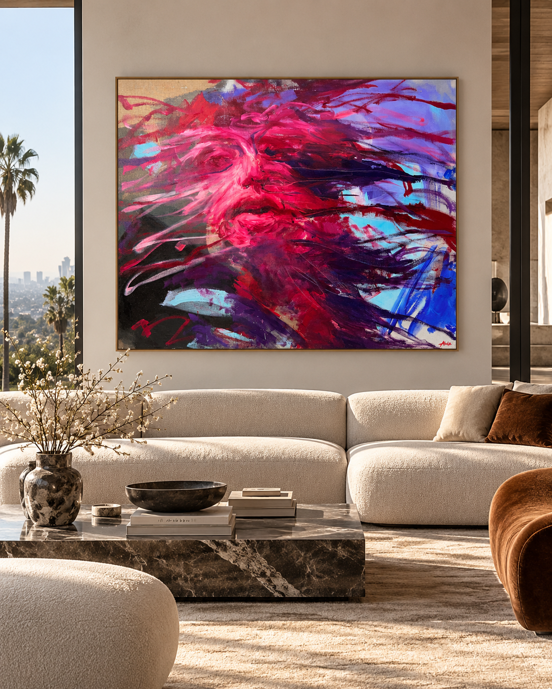 Modern living room with a colorful abstract painting above a cream sectional sofa, marble coffee table, decorative vase, and city view through the window