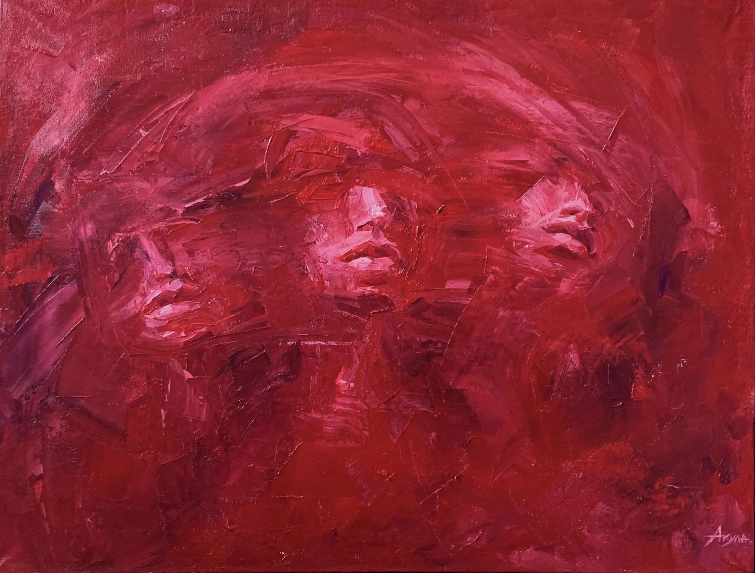 Abstract red and crimson textured painting with sweeping pink brushstrokes