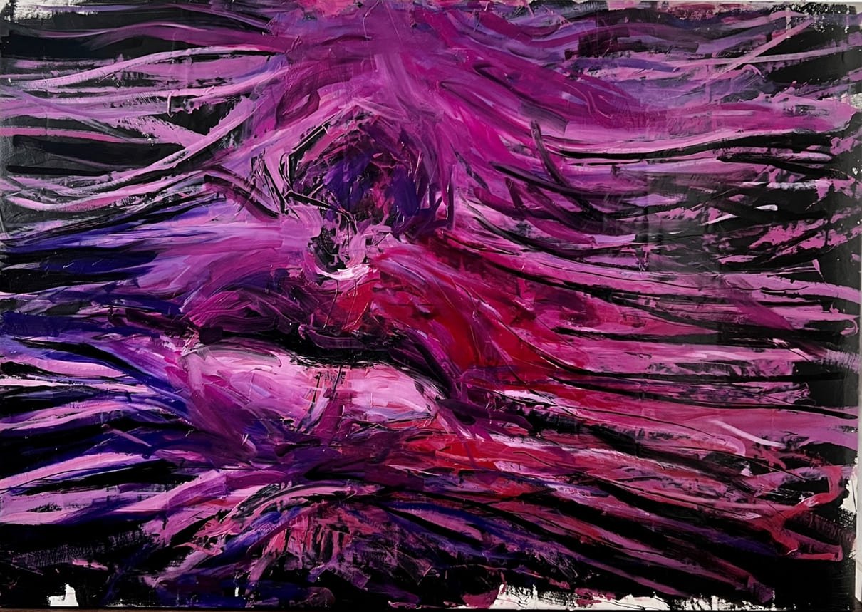 Abstract expressionist painting in vivid magenta, purple, pink, red, and black with sweeping textured brushstrokes.