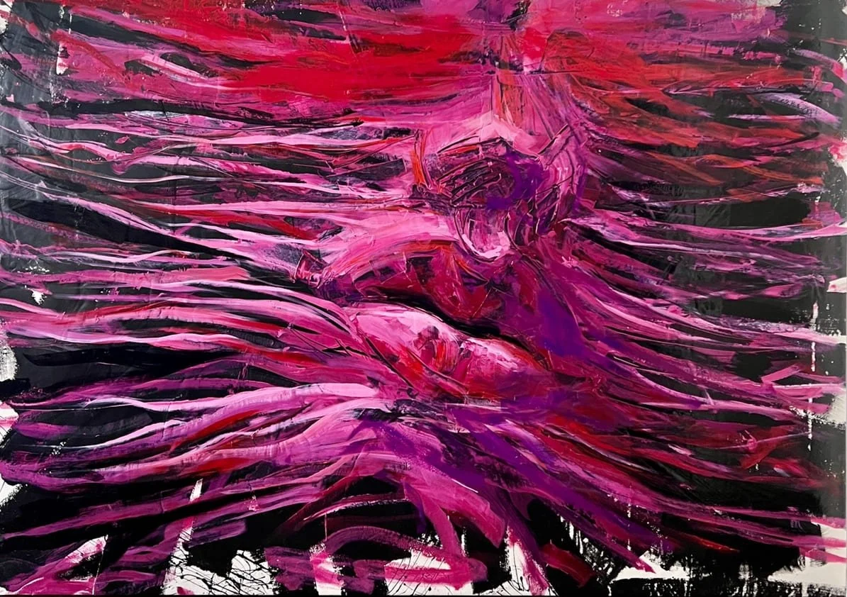 Abstract expressionist painting with vivid magenta, pink, red, and purple brushstrokes on a black background