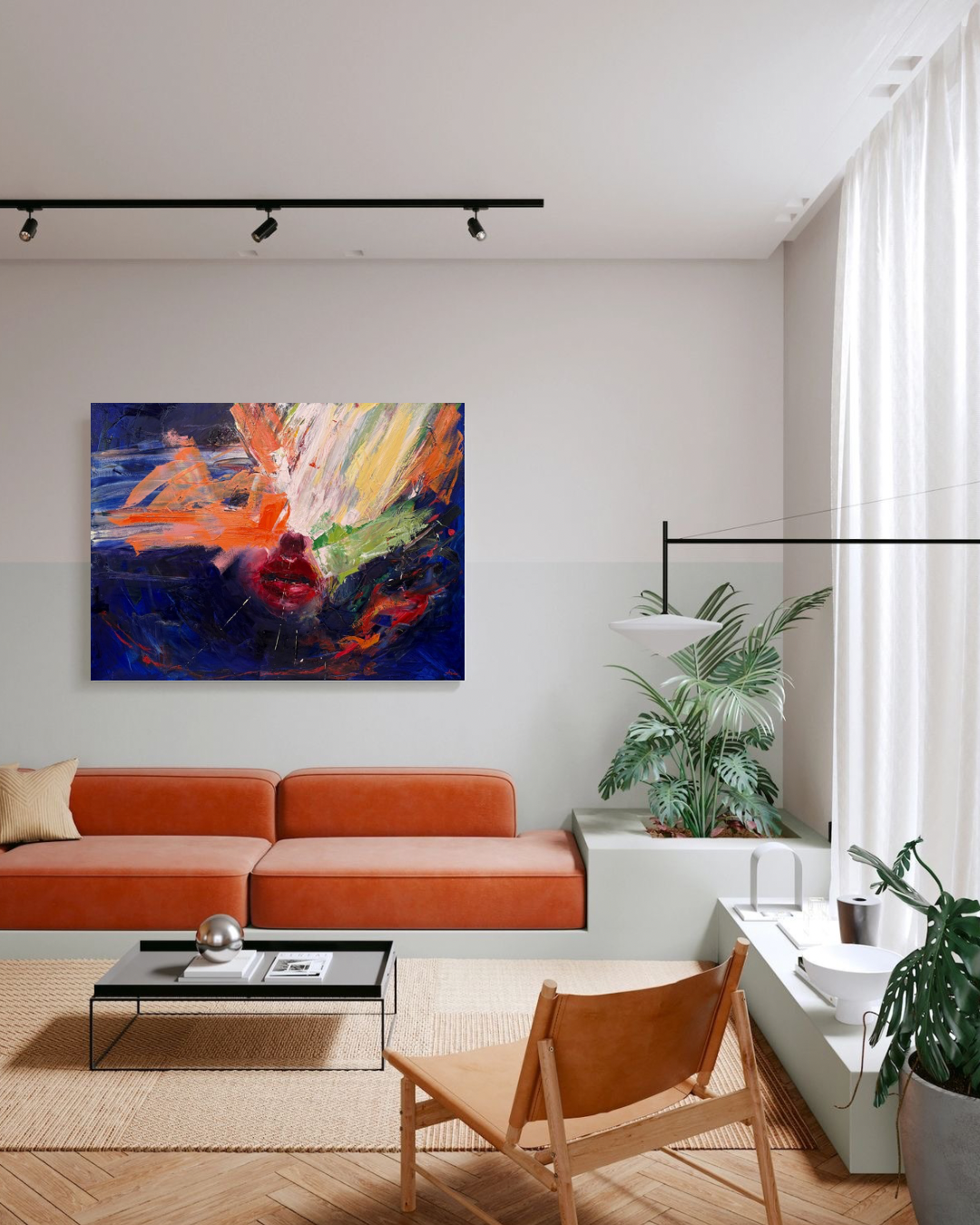 Electric Feeling by contemporary artist Taia Akulova, an expressive abstract oil painting digitally presented in a luxury living room with a metallic silver sofa and sculptural furniture.