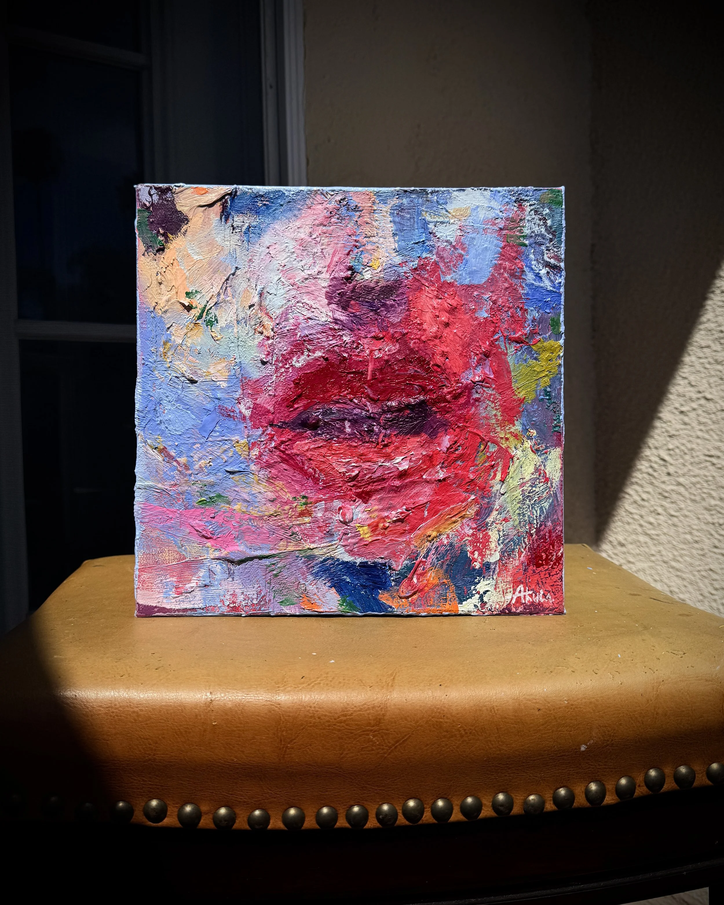Original textured oil painting by contemporary artist Taia Akulova, featuring expressive red, pink, blue, and purple brushstrokes.