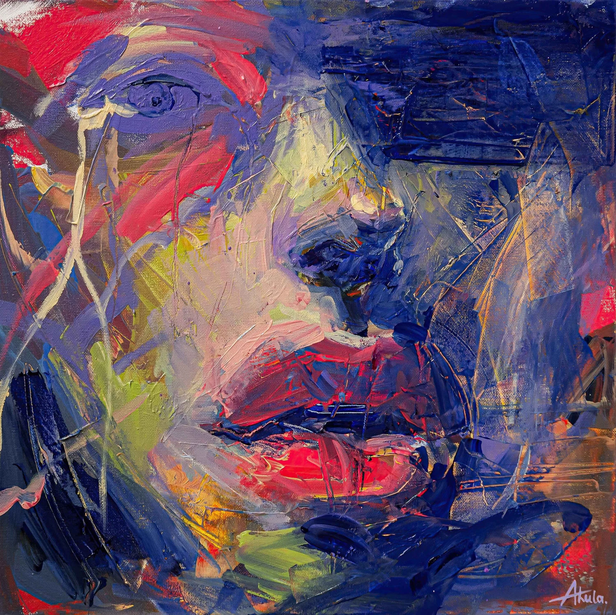Vibrant abstract oil painting with bold red, blue, purple, green, and pink impasto brushstrokes.