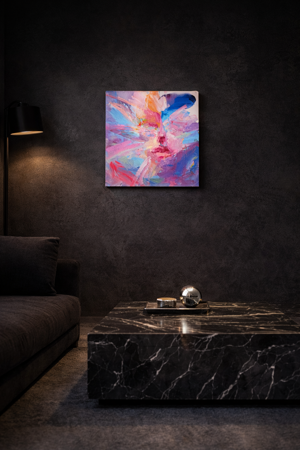Interior visualization featuring an original expressive oil painting by Los Angeles-based contemporary artist Taia Akulova, displayed in a modern luxury residential setting.