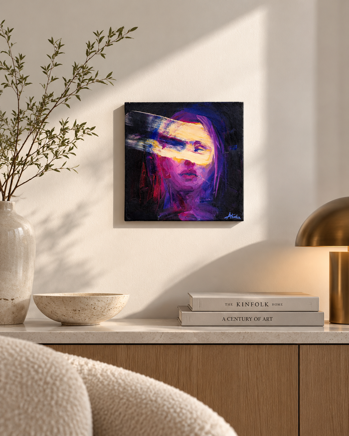 Interior visualization featuring an original expressive oil painting by Los Angeles-based contemporary artist Taia Akulova, displayed in a modern luxury residential setting.