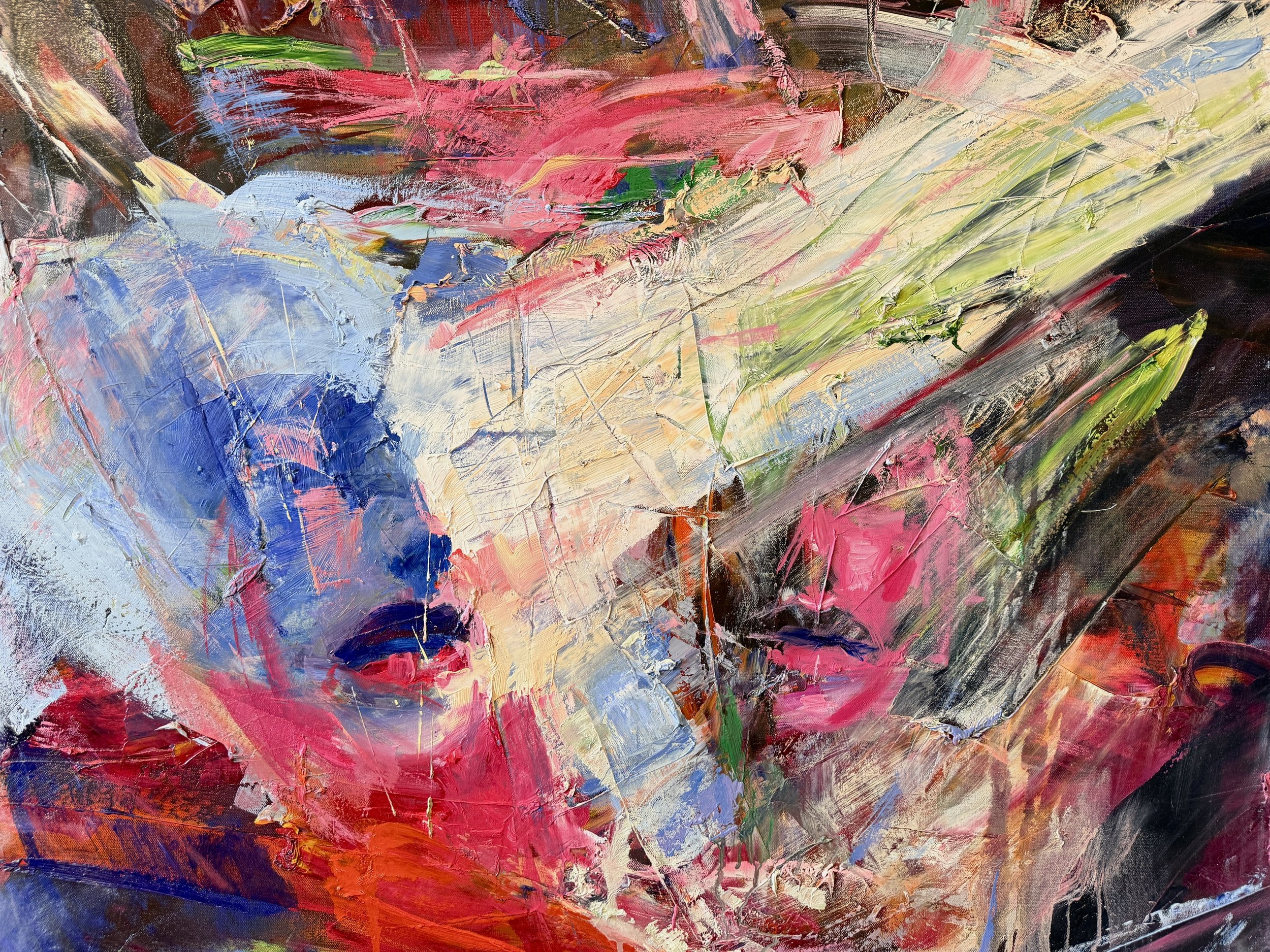 Vibrant abstract painting with thickly layered brushstrokes in pink, blue, green, red, white, and black.