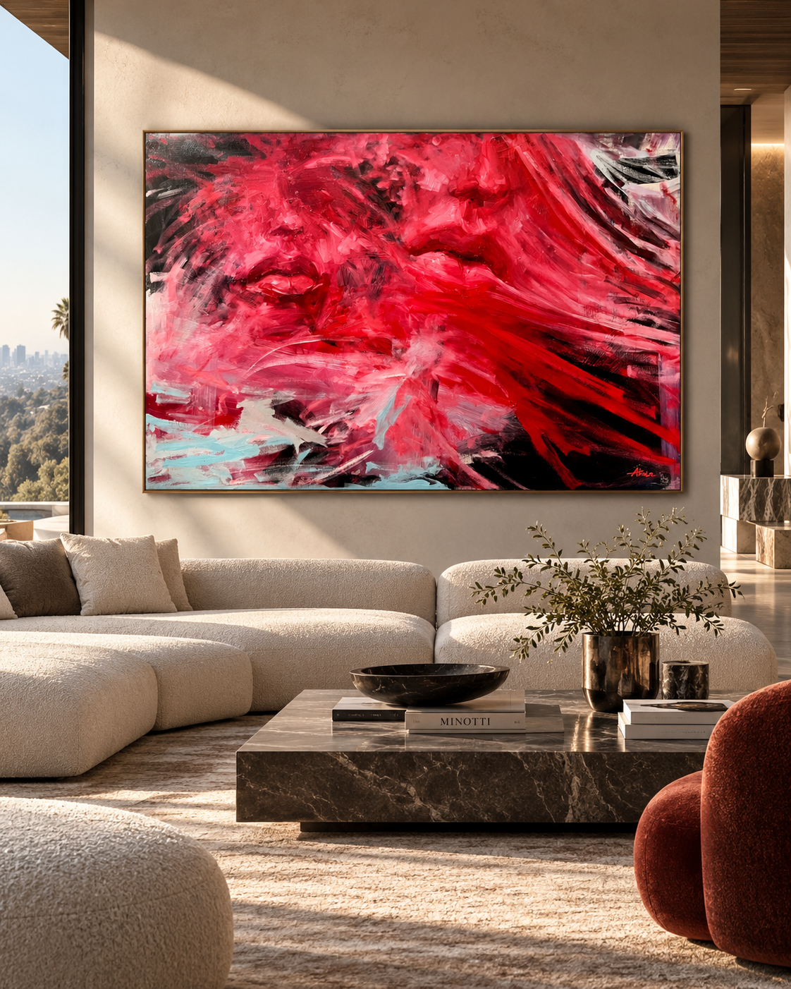 Modern luxury living room with a large red abstract painting, cream sectional sofa, marble coffee table, and city view