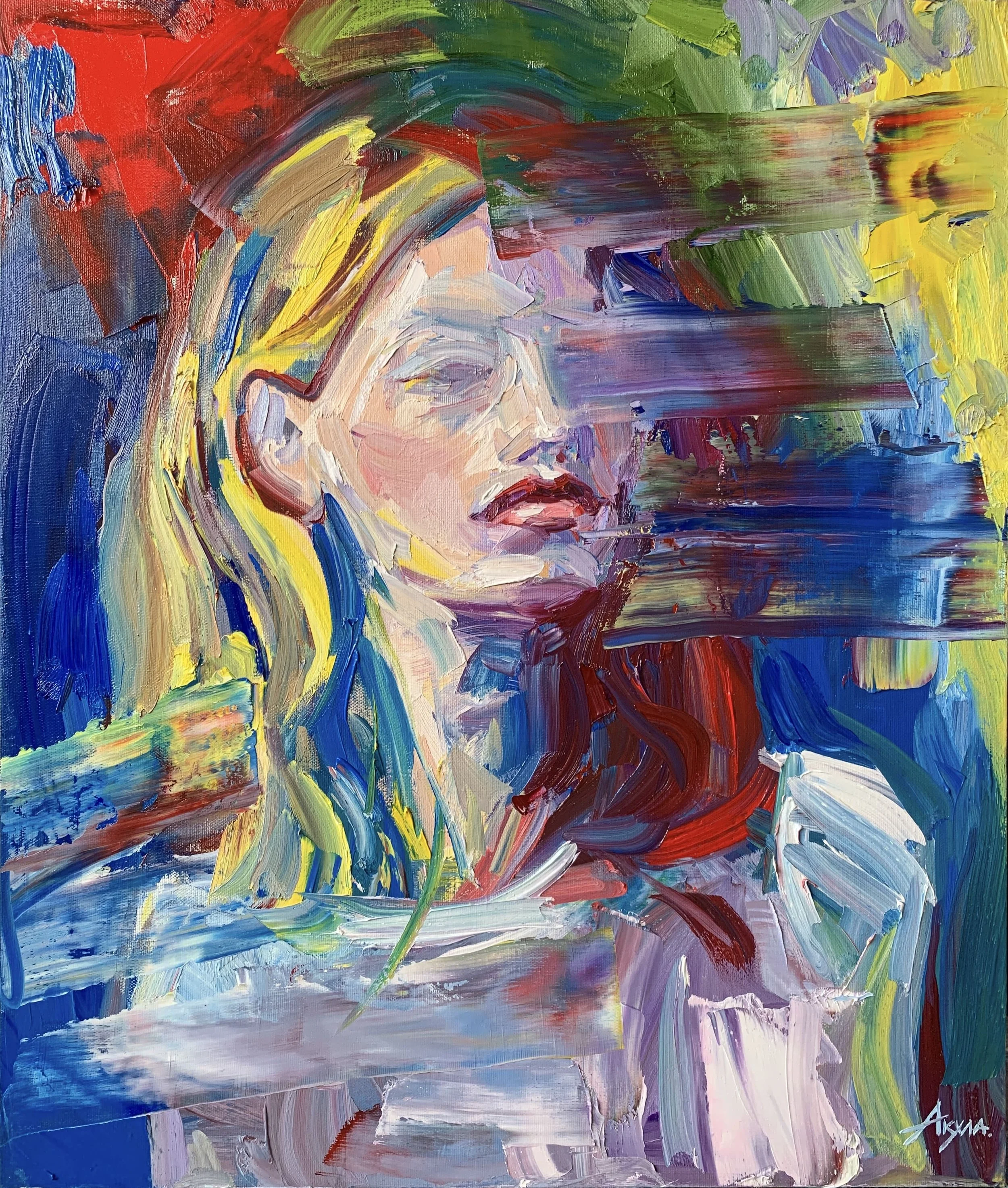 Colorful abstract expressionist painting of a woman’s face surrounded by bold red, blue, green, yellow, and purple brushstrokes.