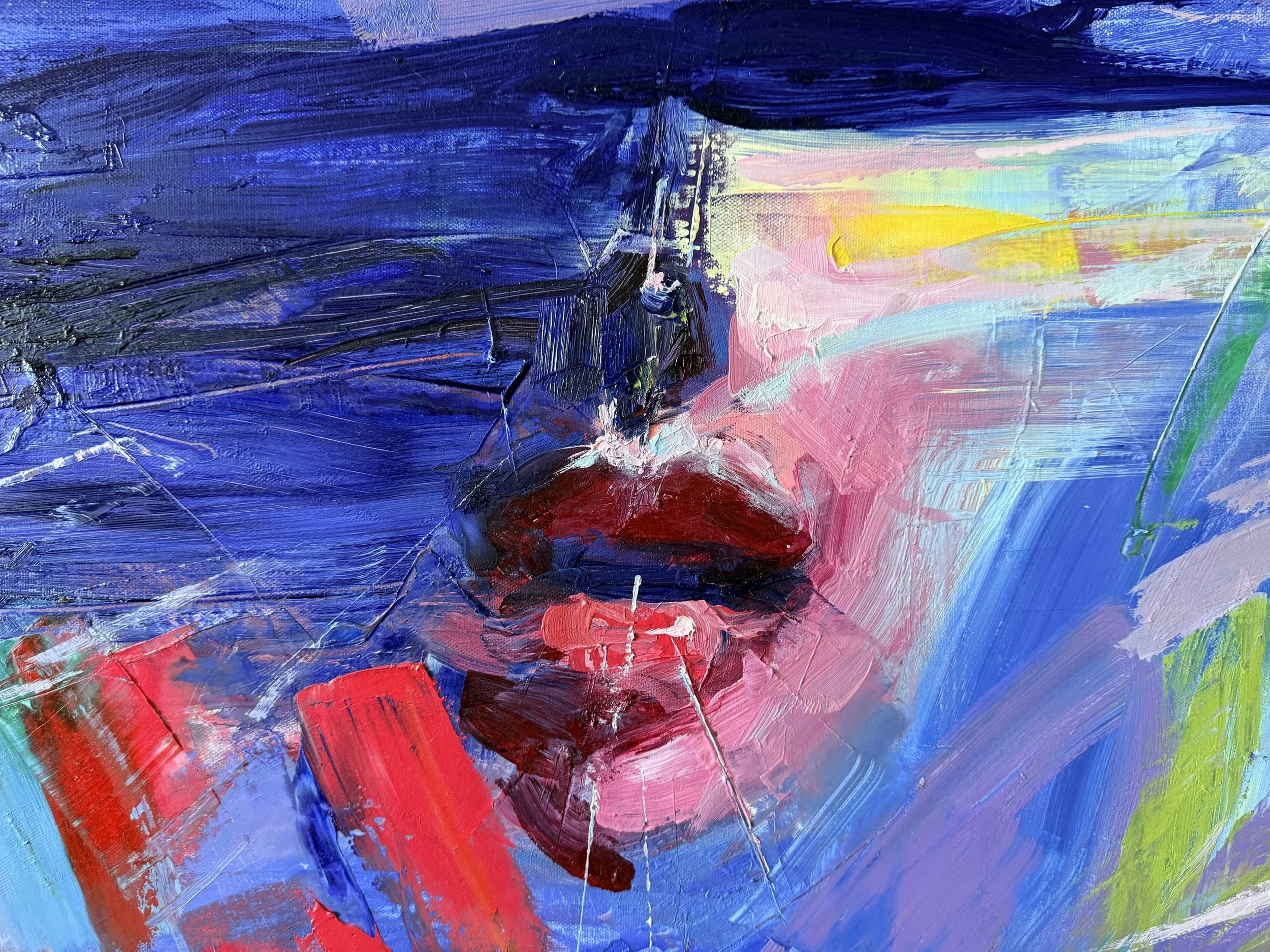 Behind Your Eyes (2025), an original abstract expressionist oil painting by contemporary artist Taia Akulova, featuring vibrant blue, pink, red, green, and purple brushstrokes.
