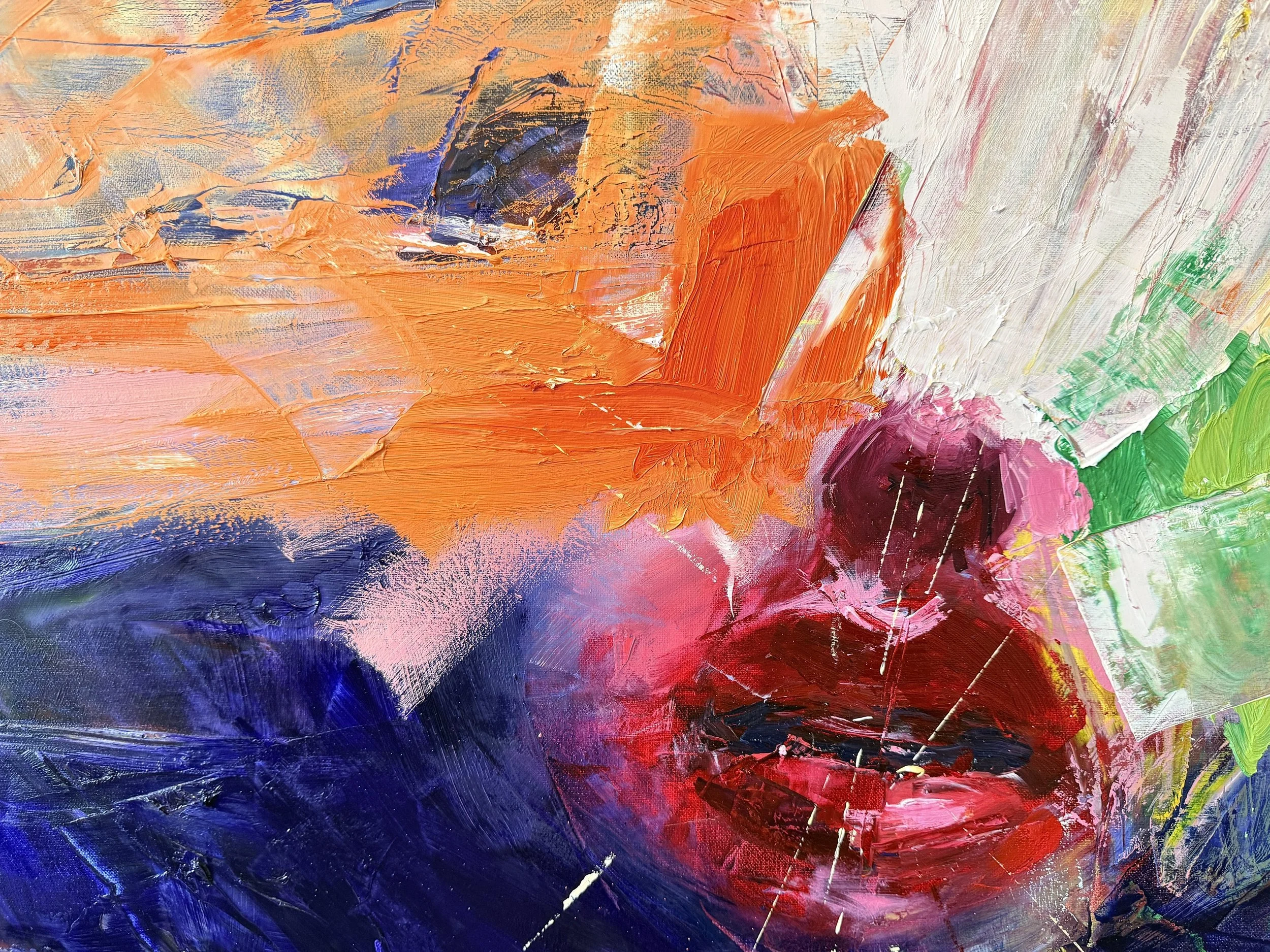 Electric Feeling (2025), an original abstract expressionist oil painting by contemporary artist Taia Akulova, featuring energetic blue, red, orange, and yellow brushstrokes with rich textures.