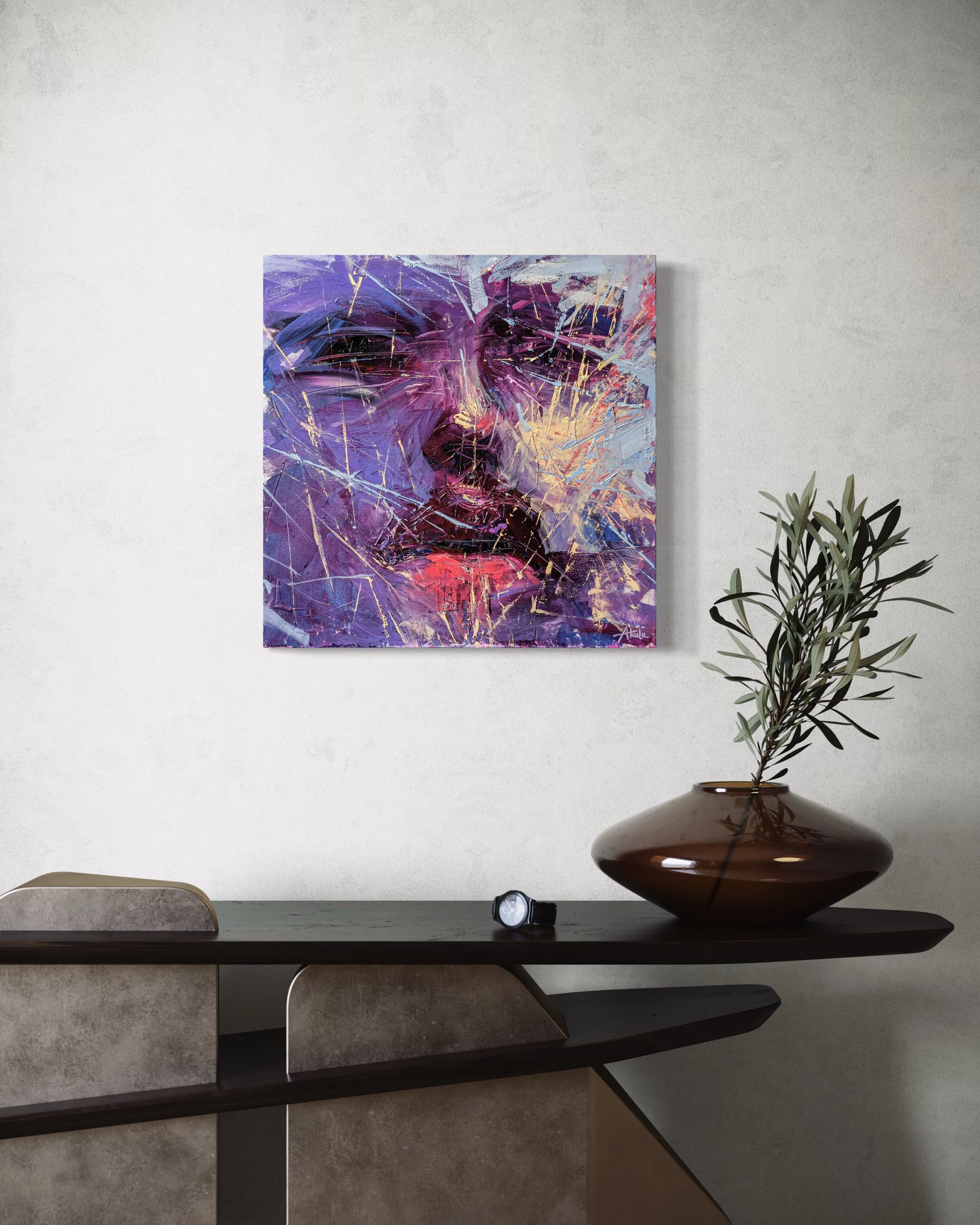 Abstract purple and blue painting above a modern console table with a potted plant, brown vase, and watch.