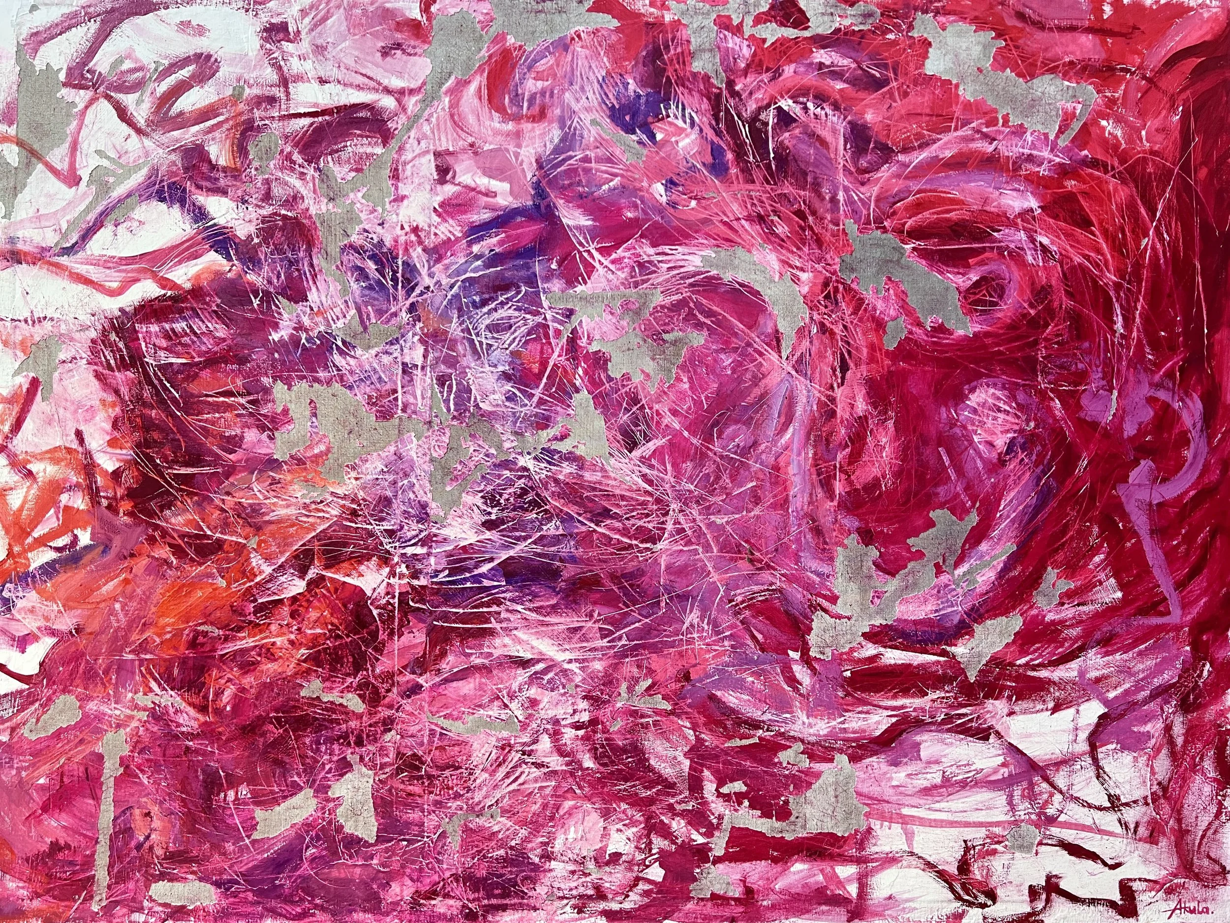 Abstract mixed-media painting with energetic pink, magenta, crimson, purple, and white brushstrokes, textured layers, and distressed gray patches